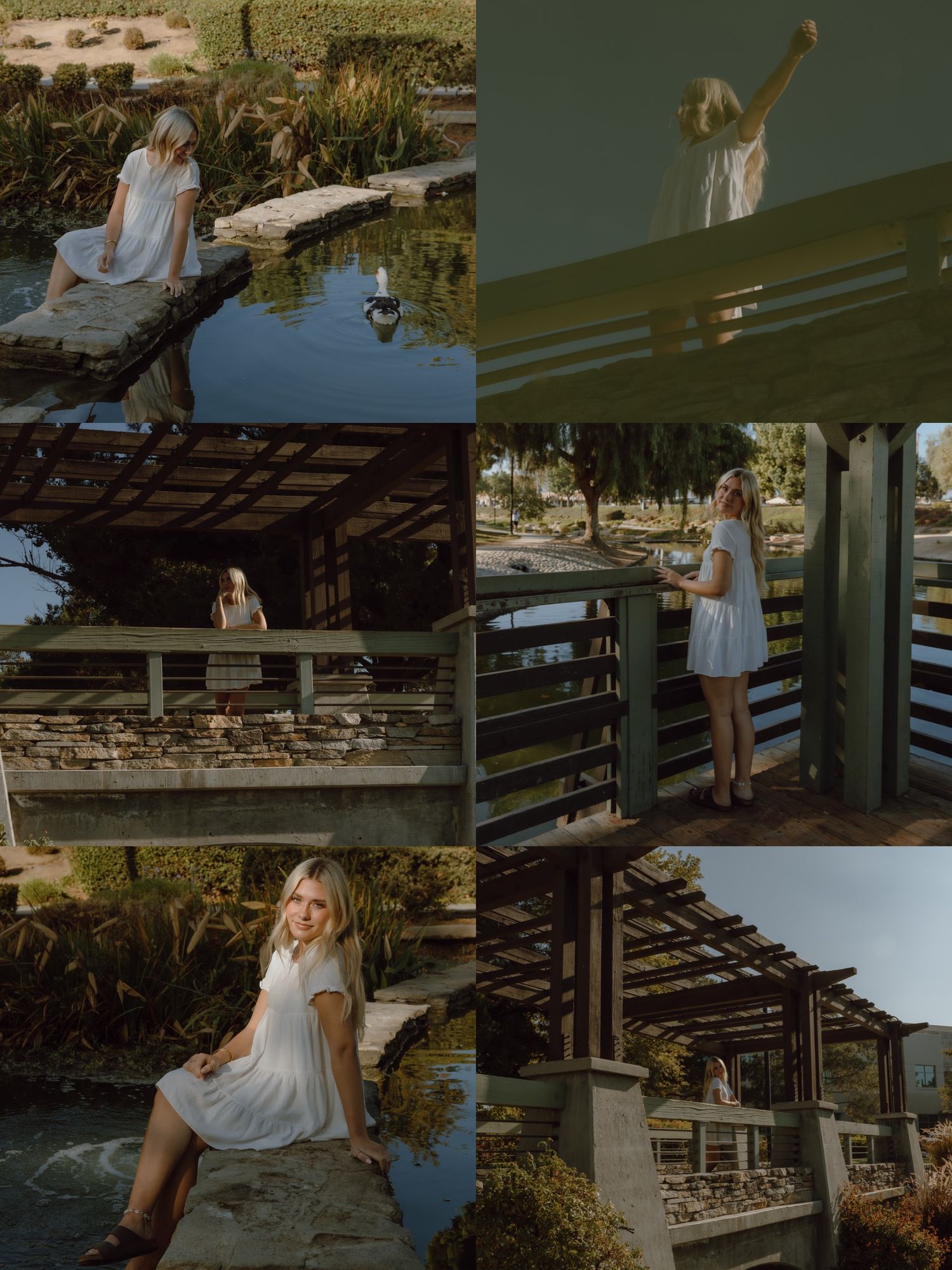 Artistic photoshoot at a rustic wooden dock featuring white summer dresses and natural pond scenery.