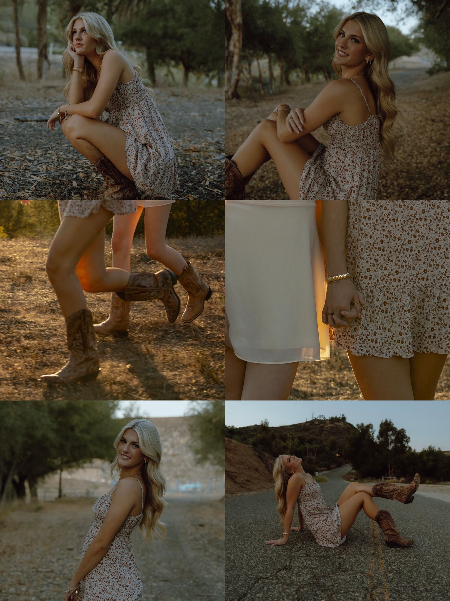 Boho fashion photoshoot in a desert setting featuring a floral dress and western boots at sunset.