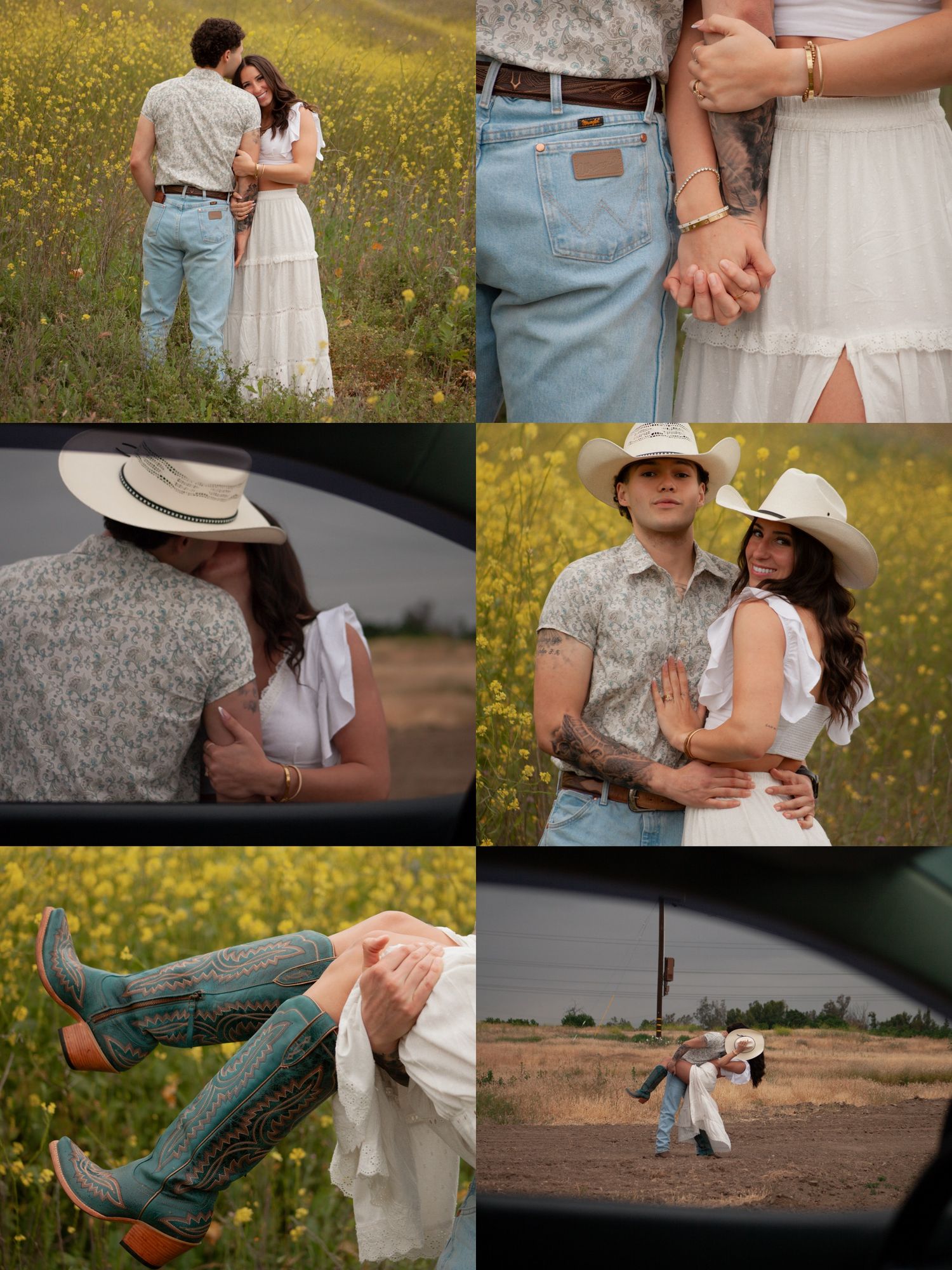 Country-style engagement photos featuring cowboy boots and yellow wildflower fields.