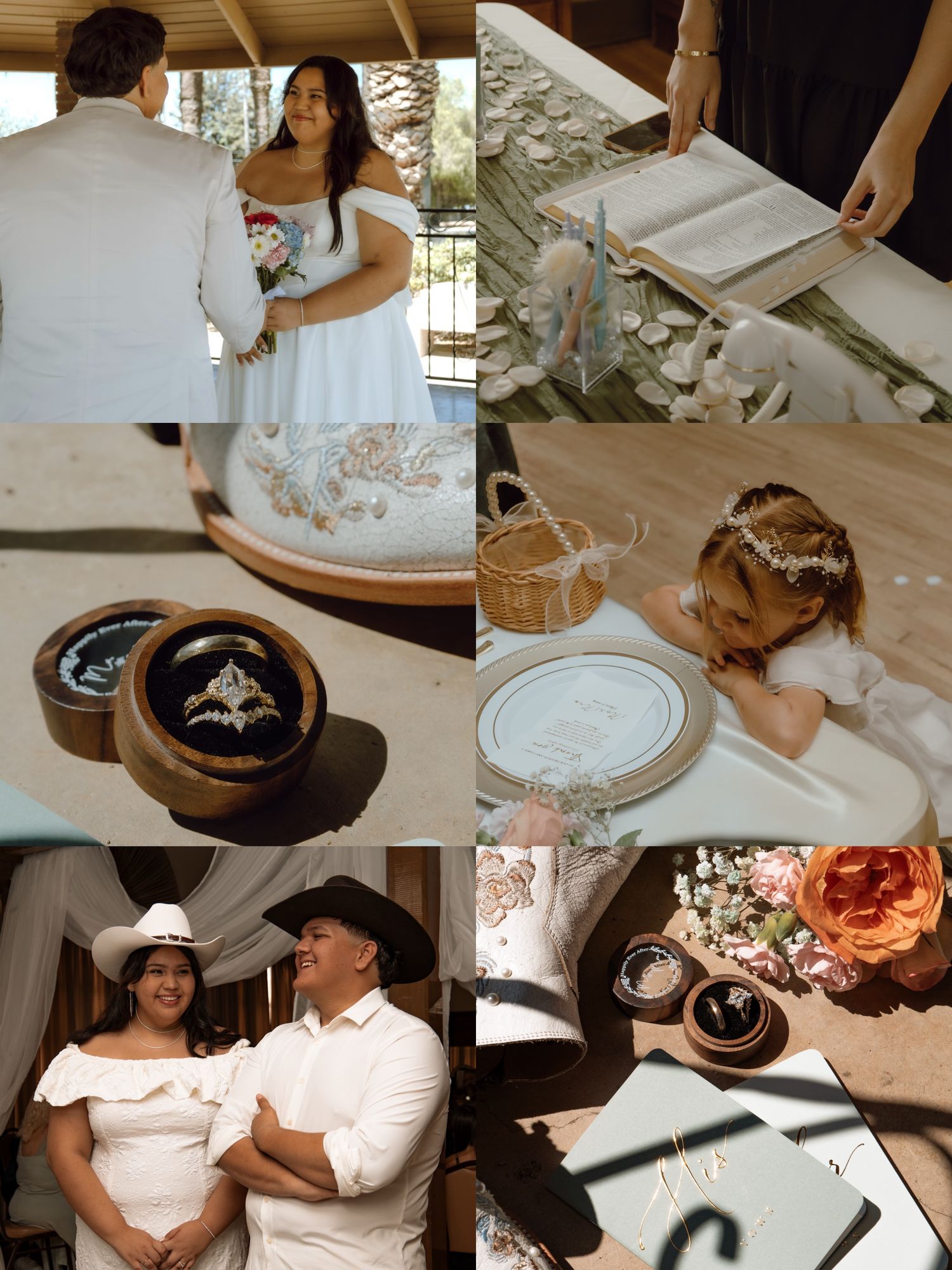 A romantic wedding day collage featuring intimate moments, rings, and reception details in warm neutral tones.