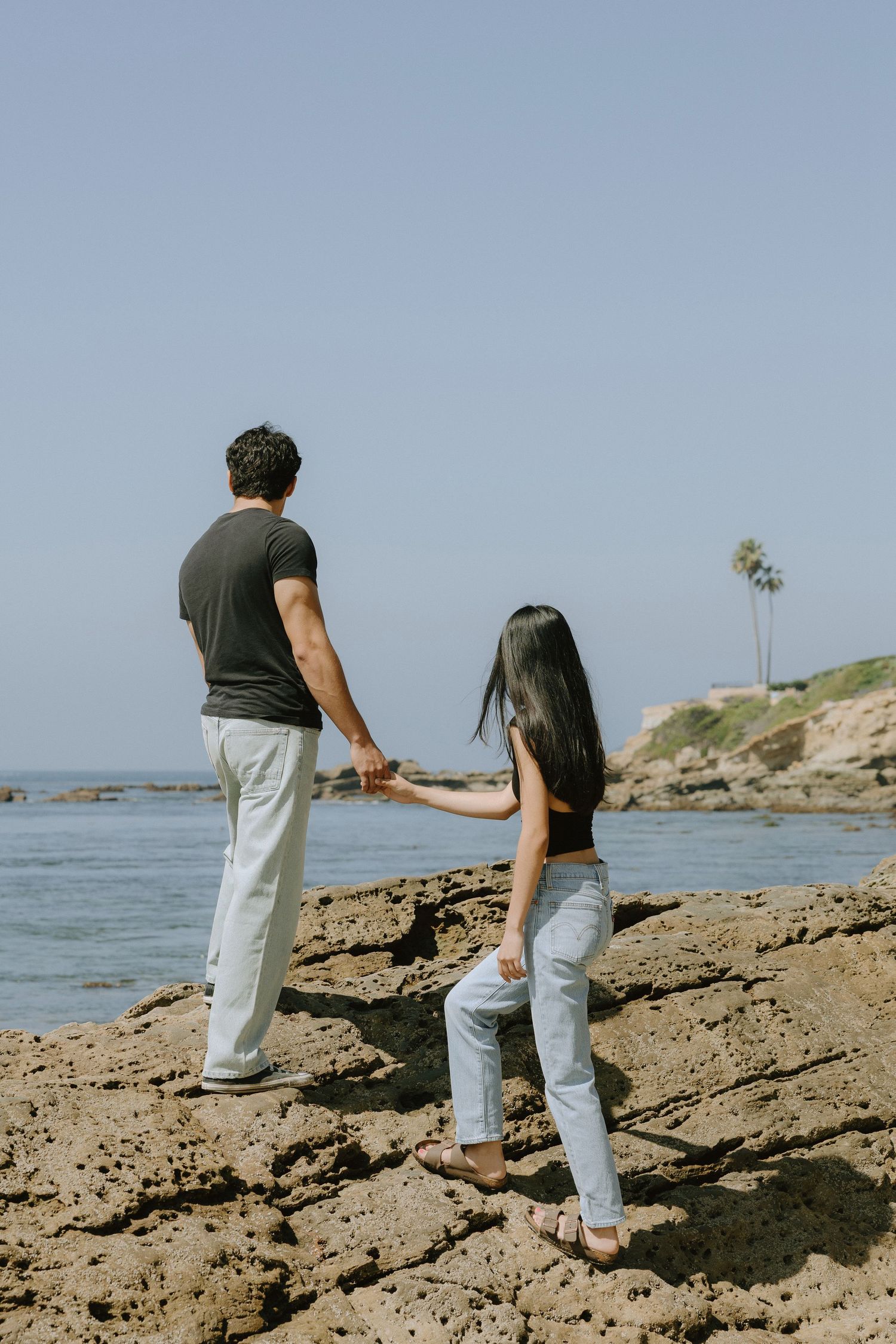 Couple holding hands on rocky coastline with palm tree and ocean view under clear blue sky.