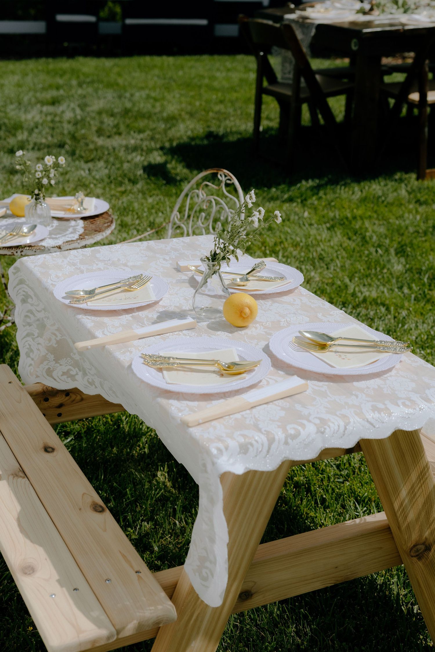 Outdoor picnic table with white lace tablecloth, gold cutlery, pink plates, and lemon centerpiece on green grass.