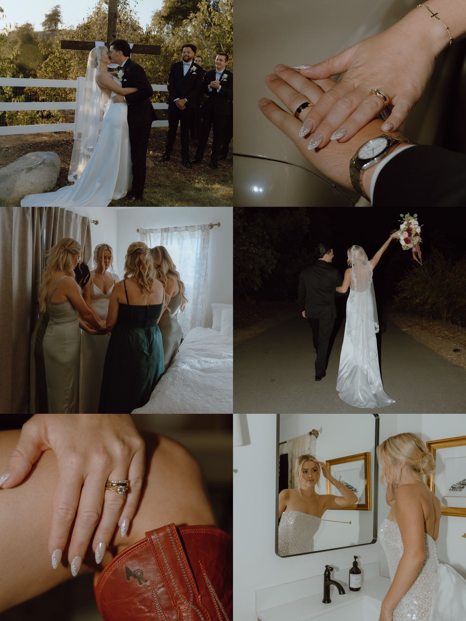 Wedding day moments collage showing ceremony, ring details, and getting ready scenes.