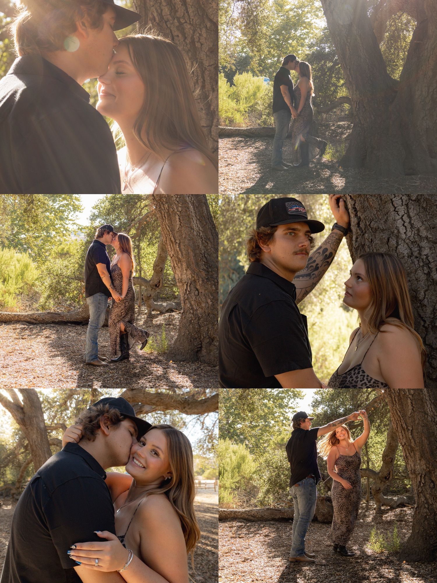 Romantic couples photoshoot against a large tree trunk in natural lighting.