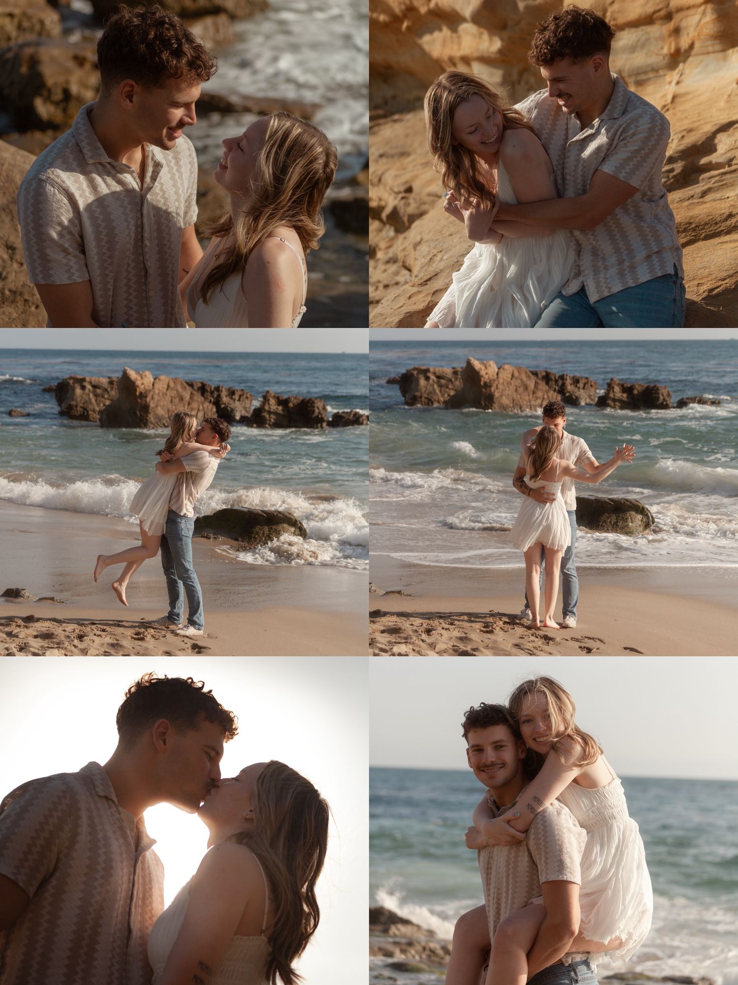 Beach engagement session featuring romantic poses against rocky coastal backdrop.