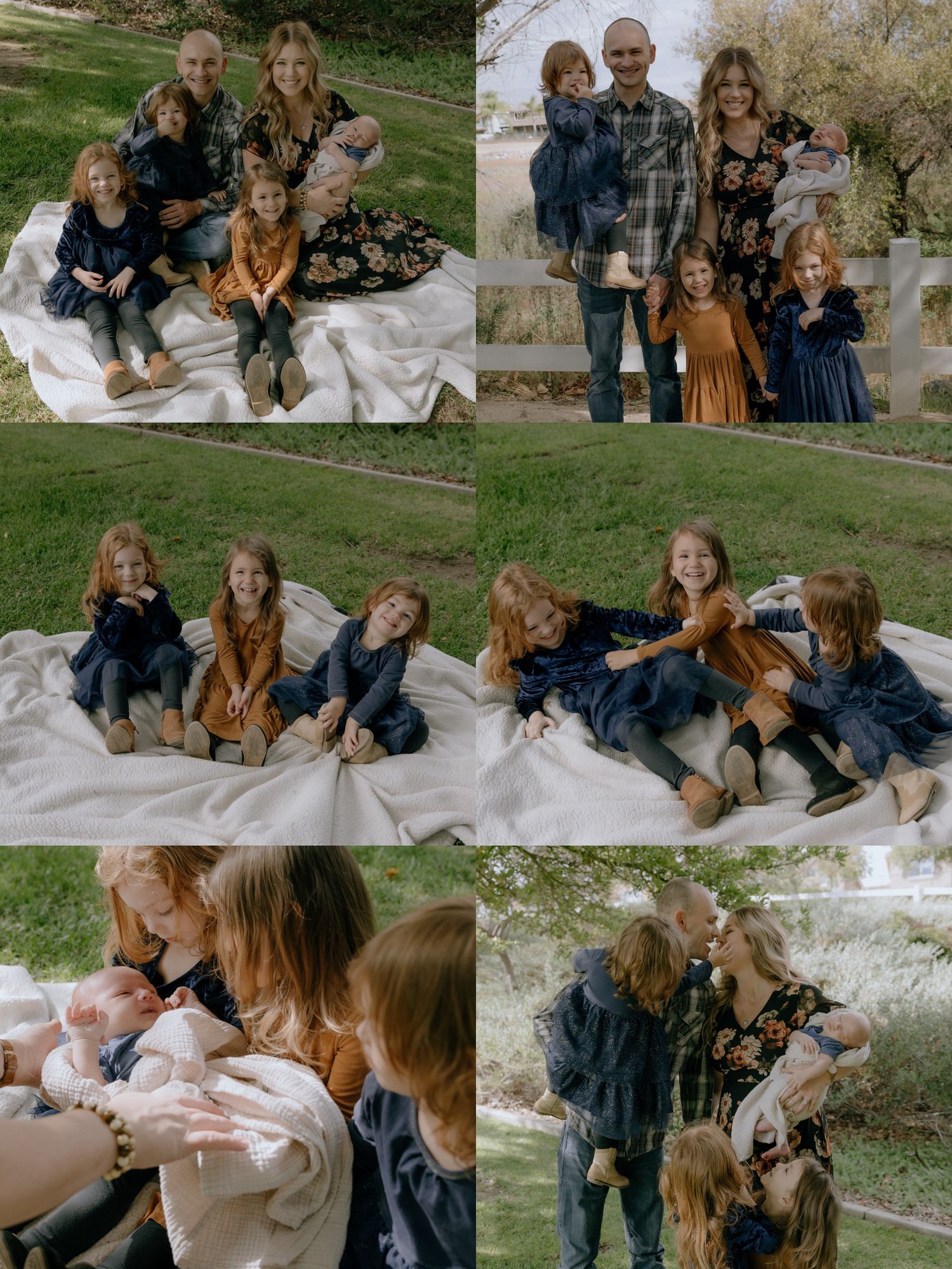 Casual outdoor family portrait session on a white blanket in a grassy setting.