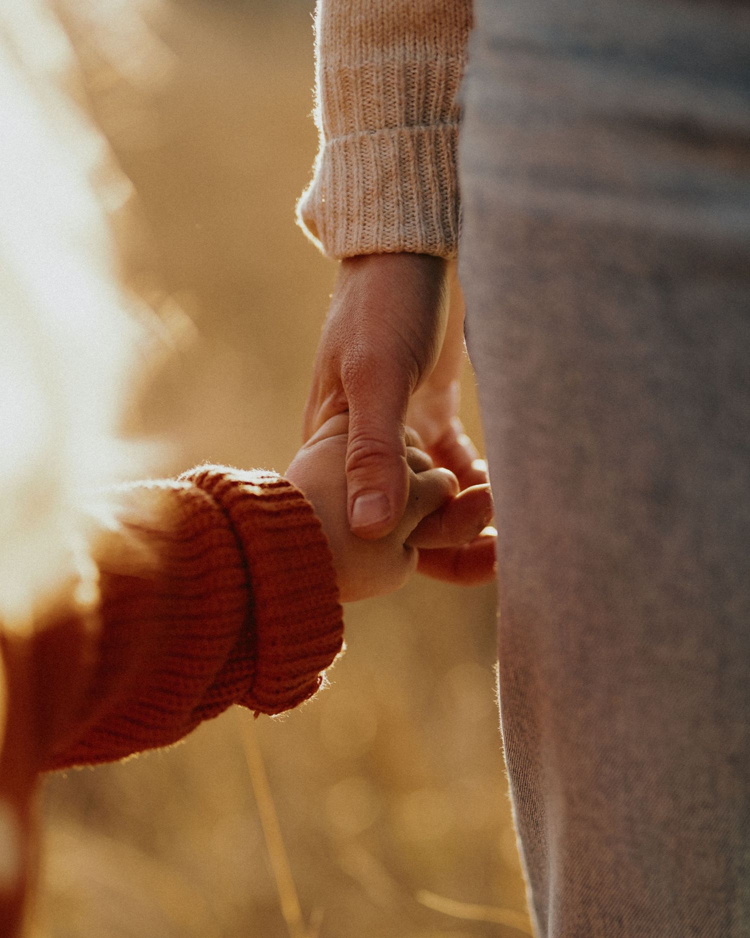 A hand wearing a beige sweater holds a brown autumn leaf against a soft blurred background.