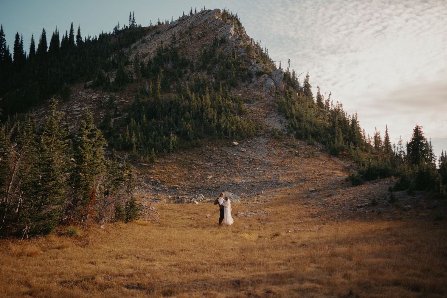 A bride and groom embrace in a golden meadow with a forested mountain backdrop during their outdoor wedding ceremony.