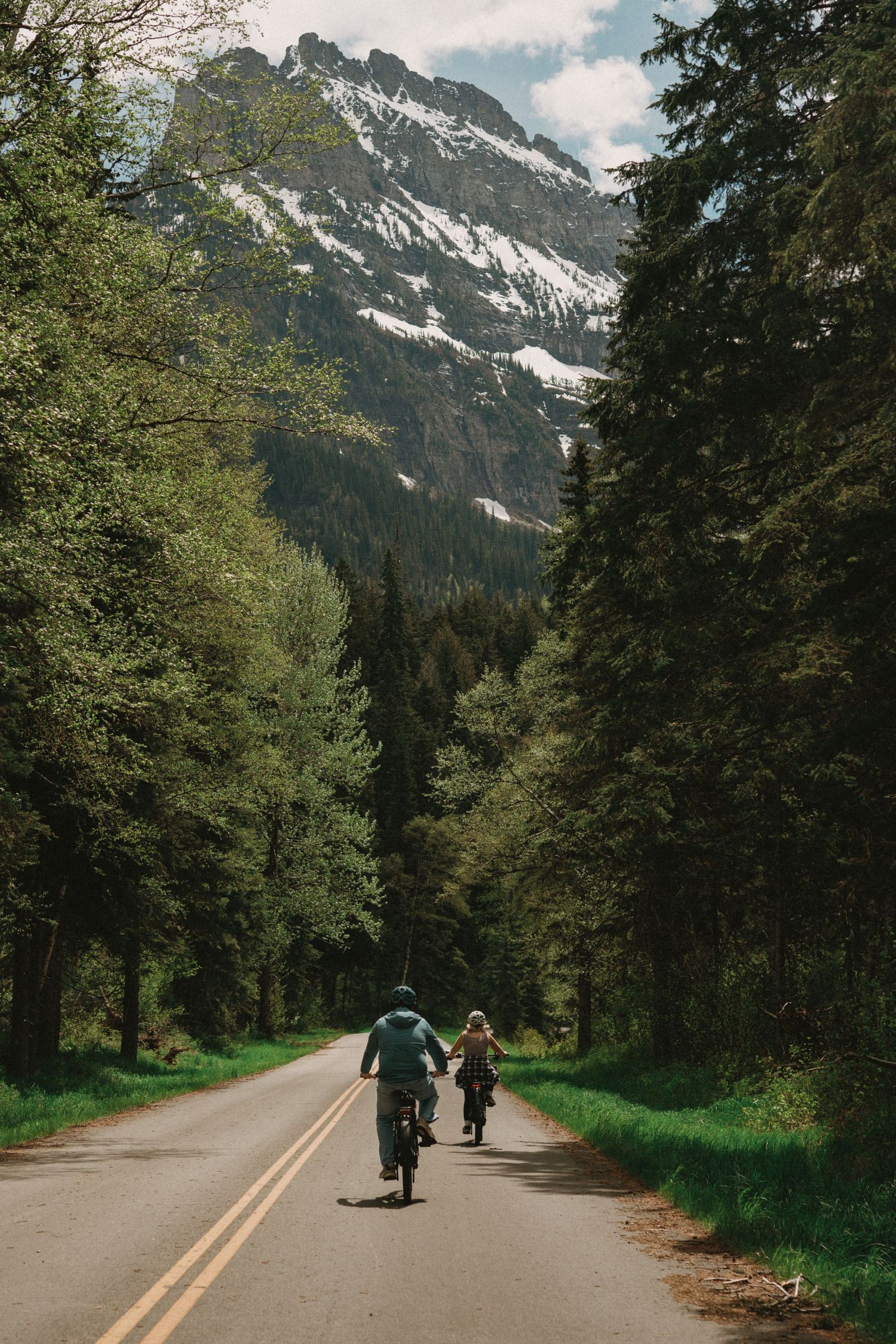 Two cyclists ride down a tree-lined road toward a snow-capped mountain peak on a scenic summer day.