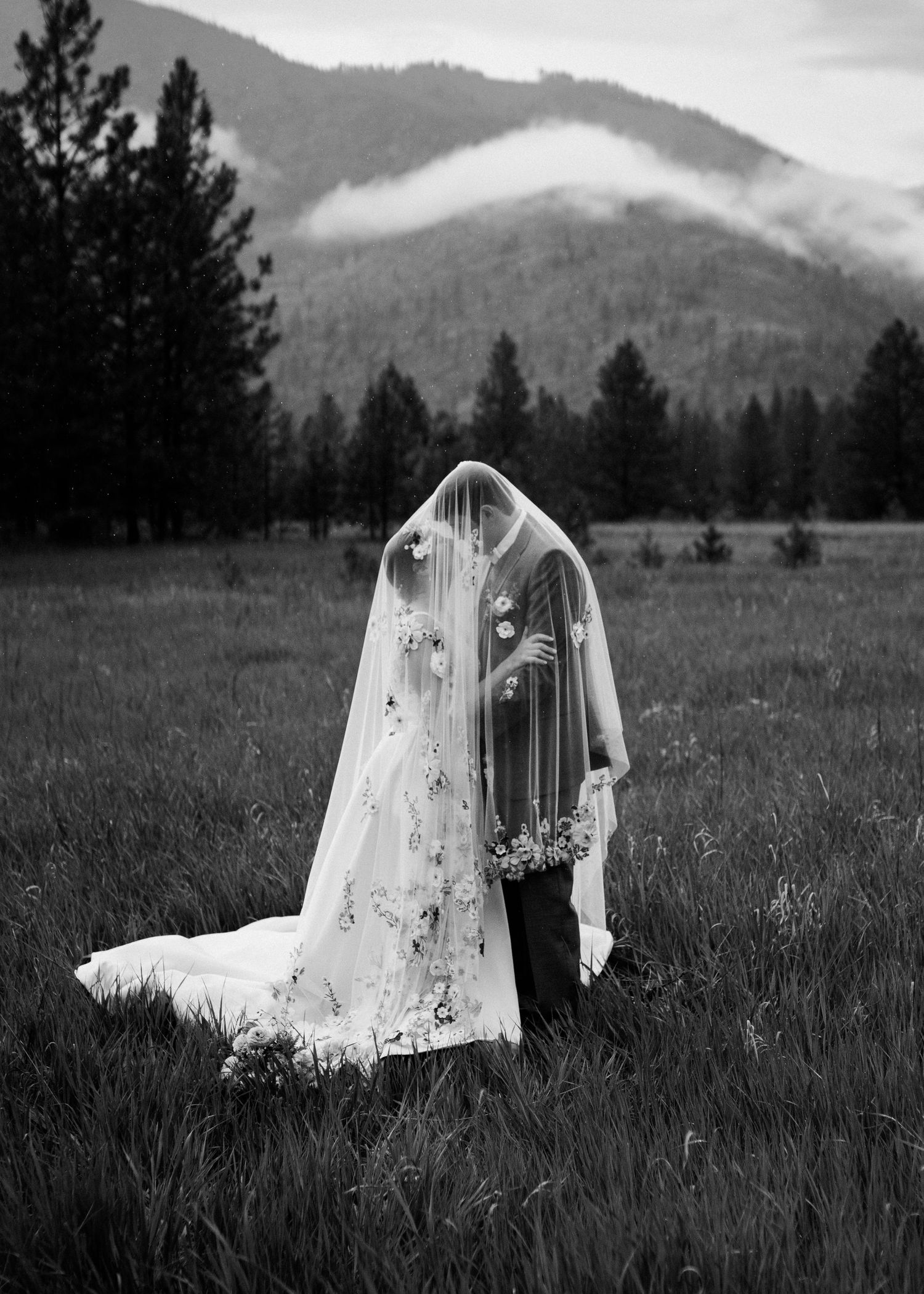 Flowing white wedding veil catches wind in mountain meadow with dramatic black and white photography.