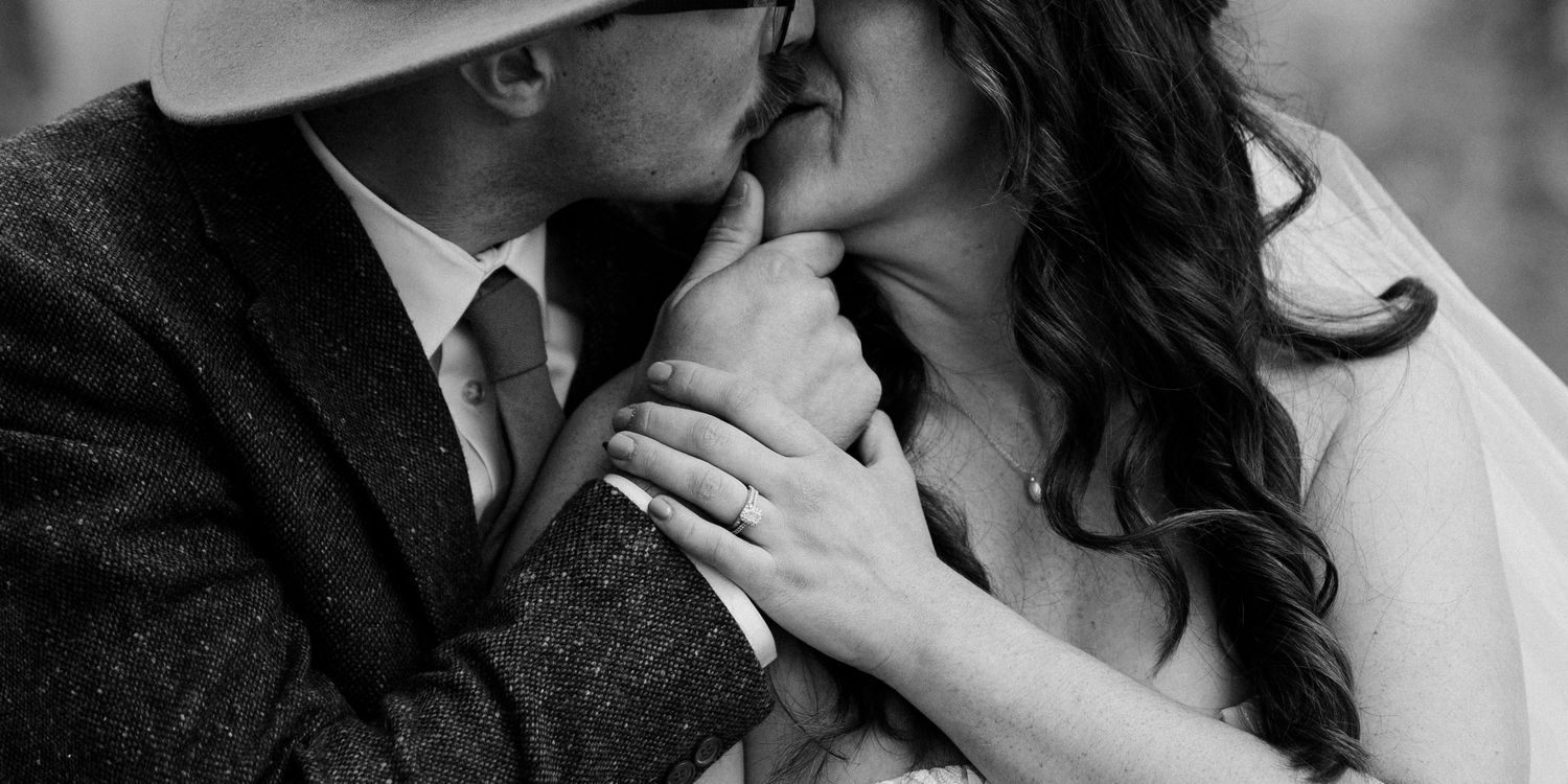 Black and white romantic couple photography series showing intimate moments in formal attire.