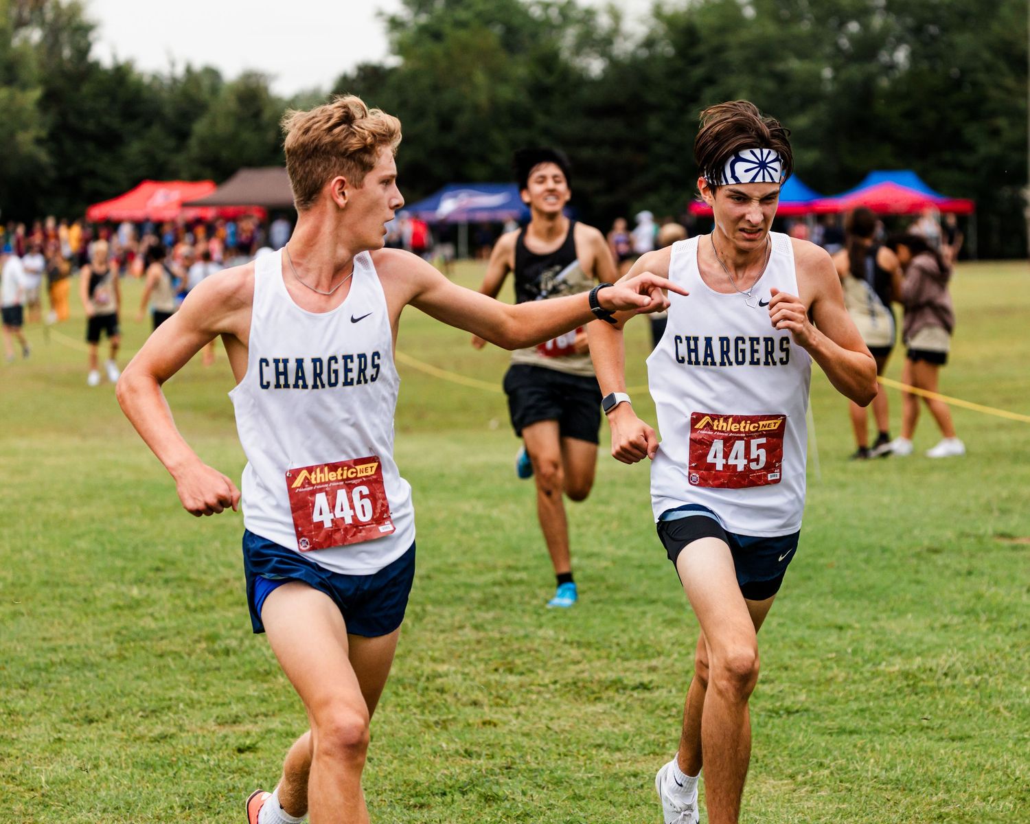 Athletes compete in a cross country race on a grassy field during a sunny day.