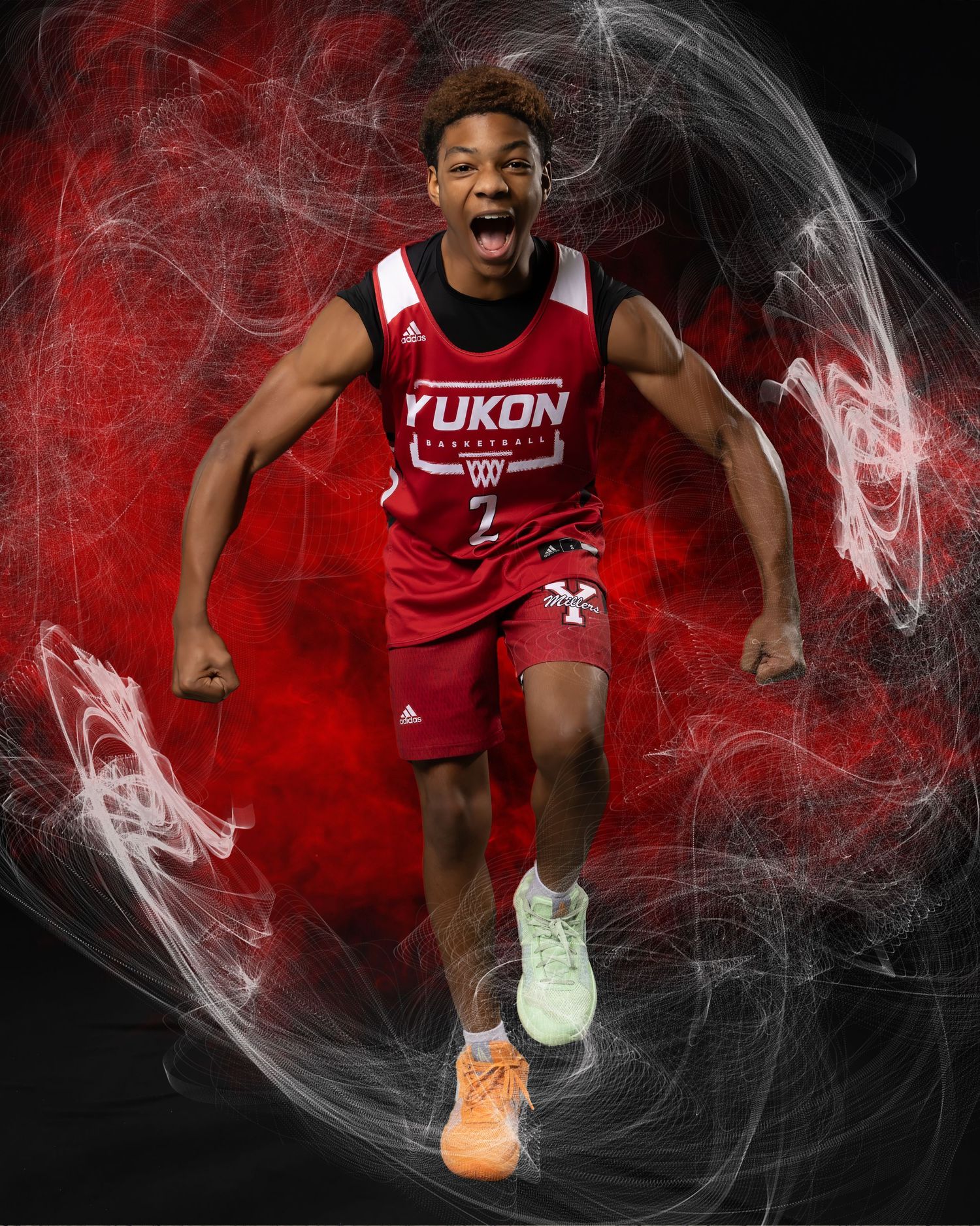 Basketball player in red Yukon jersey captured in dynamic action poses against dark background with red smoke effects.