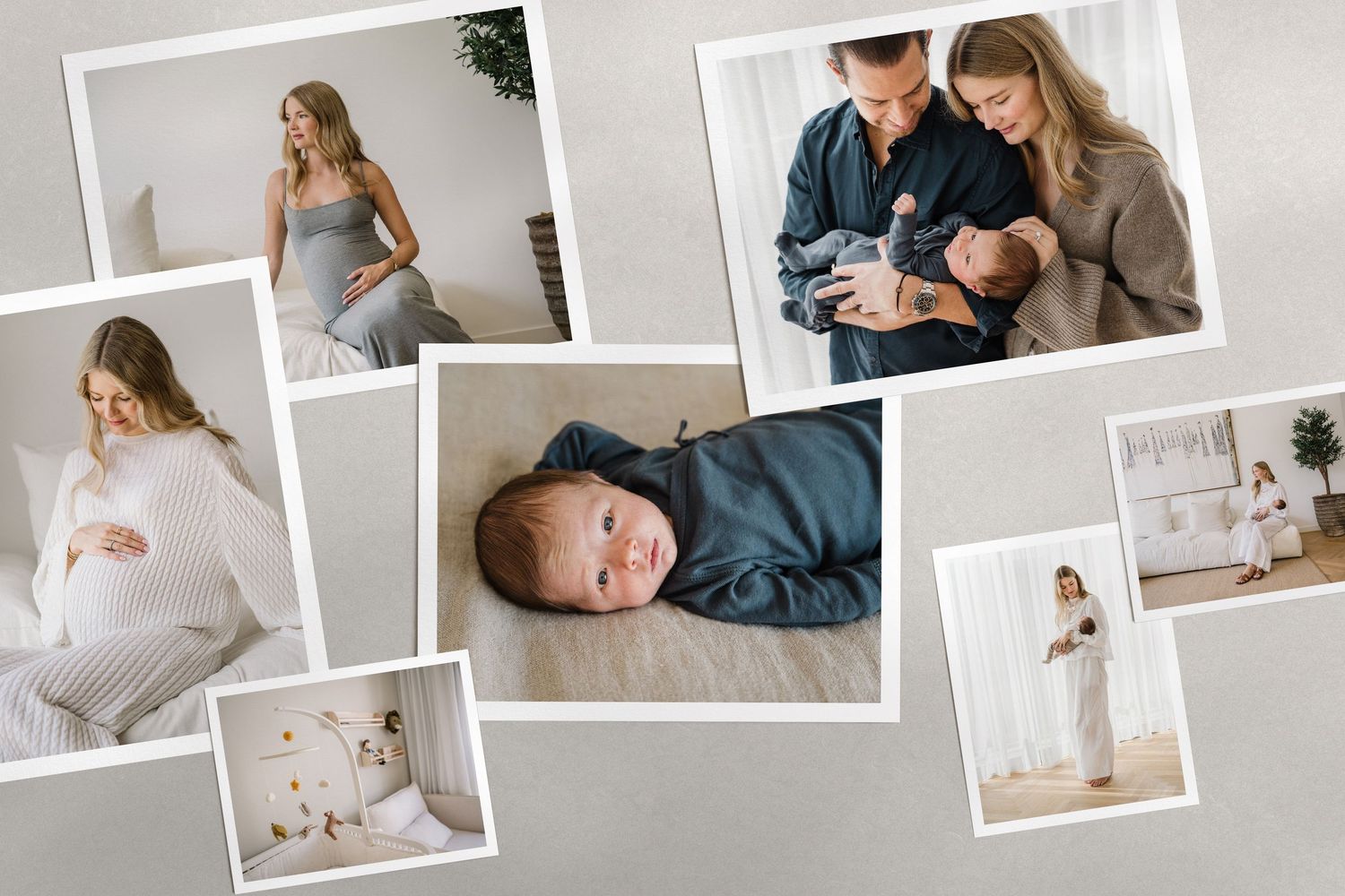 A collection of maternity and newborn photography images arranged in an artistic collage layout.