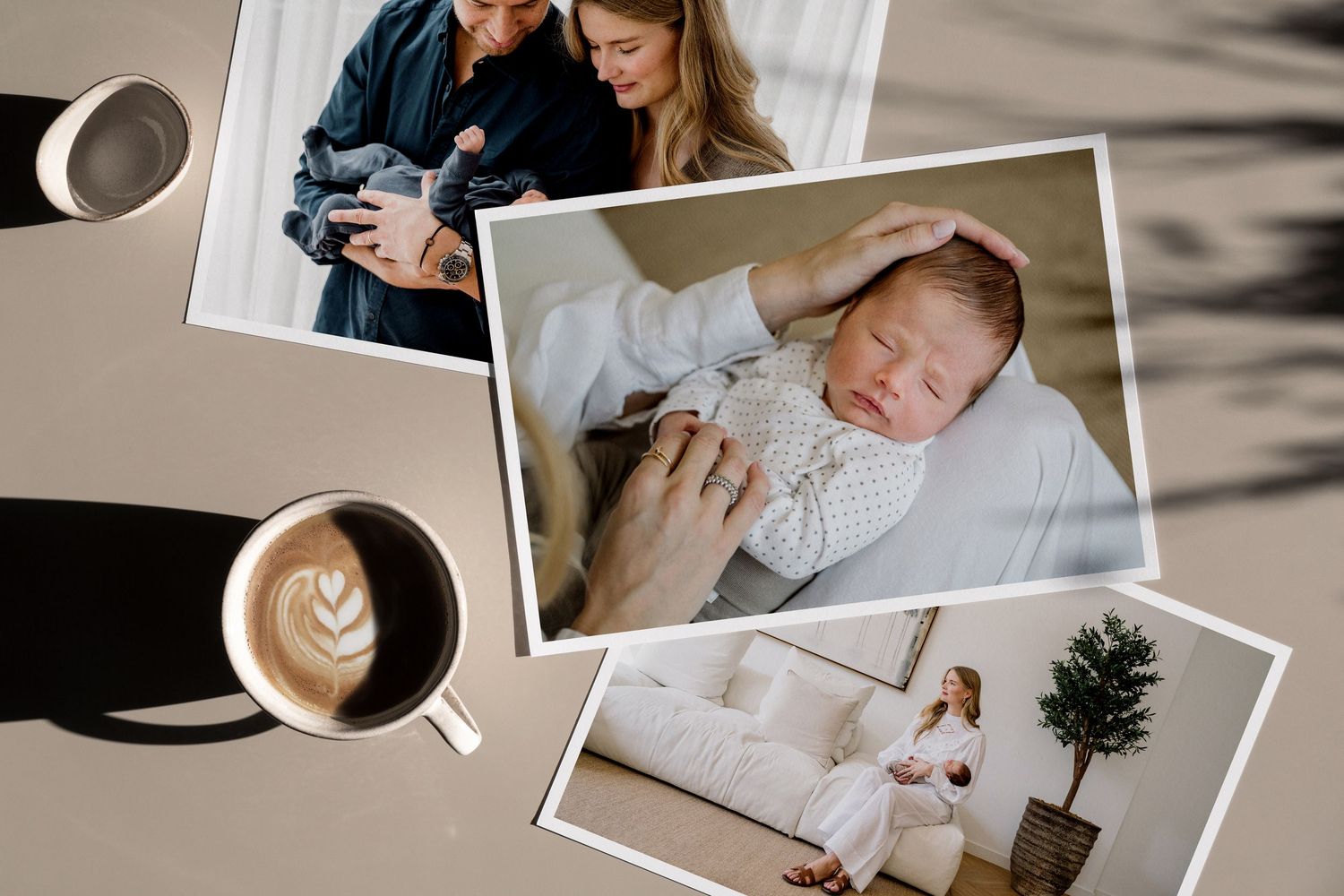 Printed photos arranged on a surface with a coffee cup showing lifestyle and newborn photography moments.