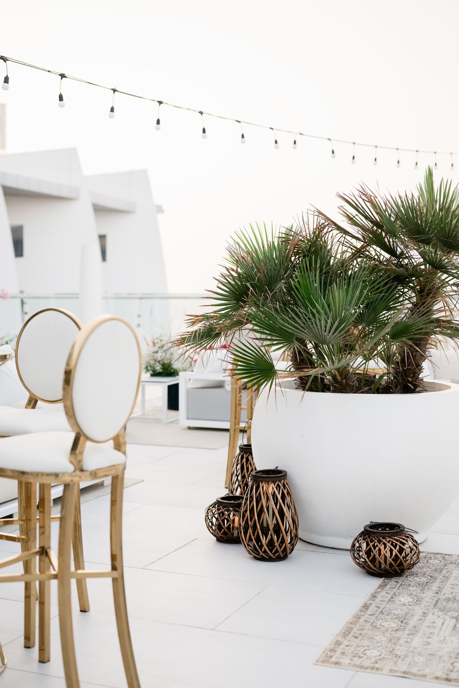 Elegant outdoor seating area with gold chairs and palm trees in Mediterranean style.