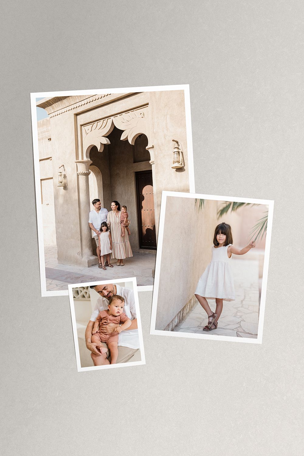 A collection of Old Dubai family photographs arranged in a minimalist layout against a light gray background.