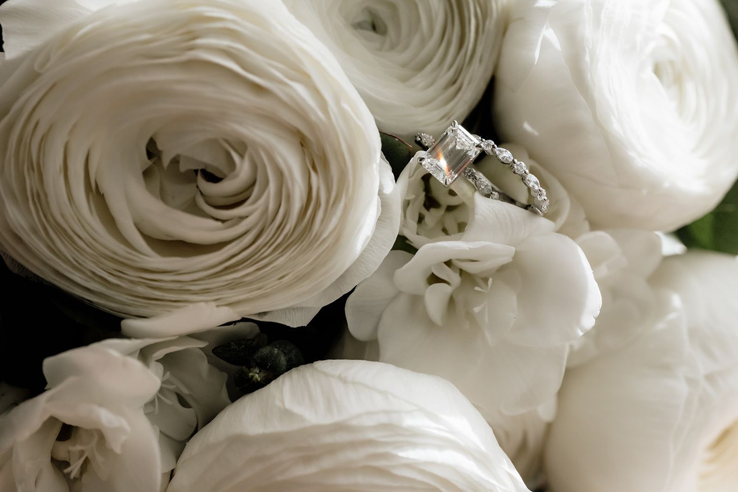 Delicate white ranunculus flowers in a romantic wedding arrangement.