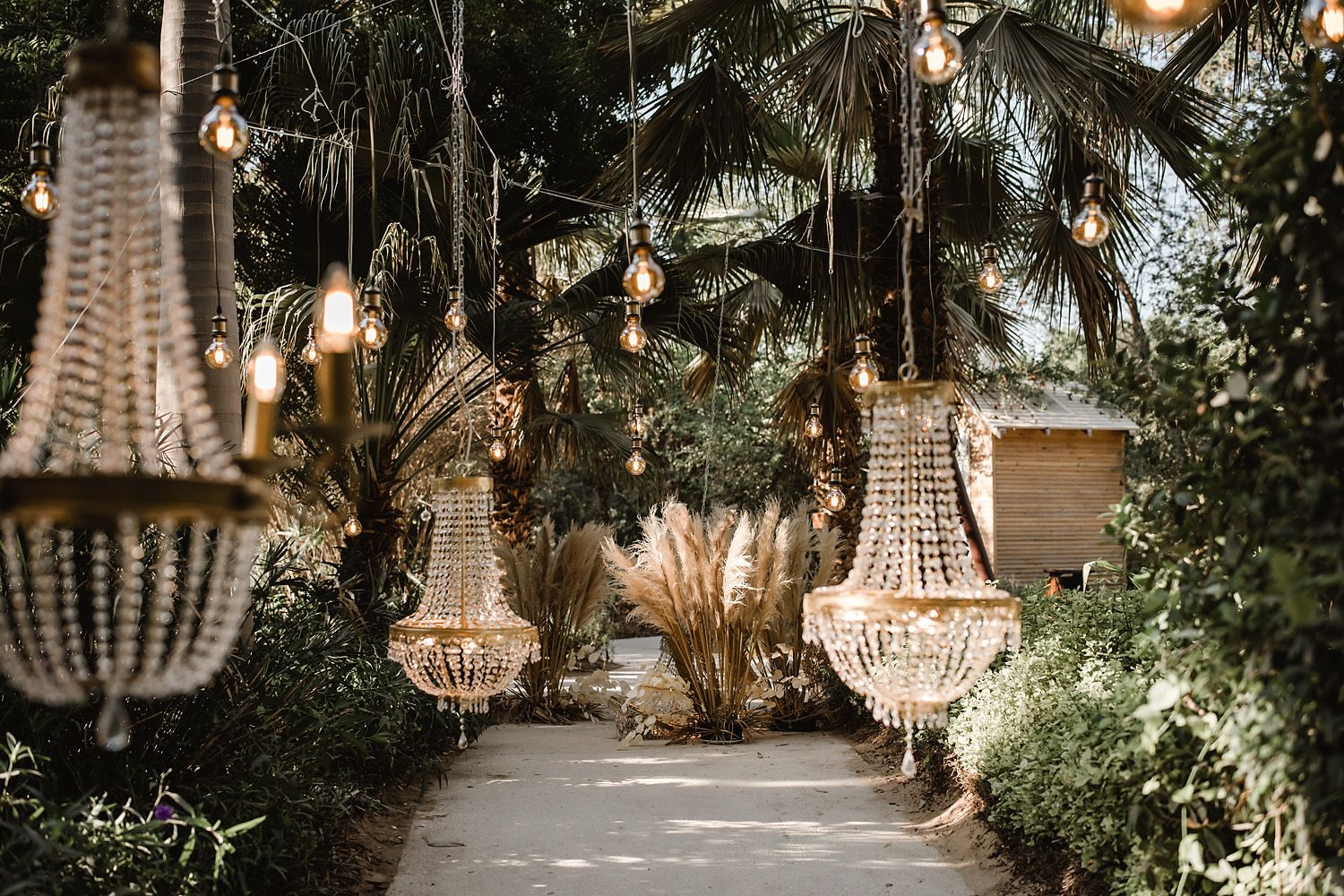 Crystal chandeliers hanging elegantly among palm trees in an outdoor garden setting.