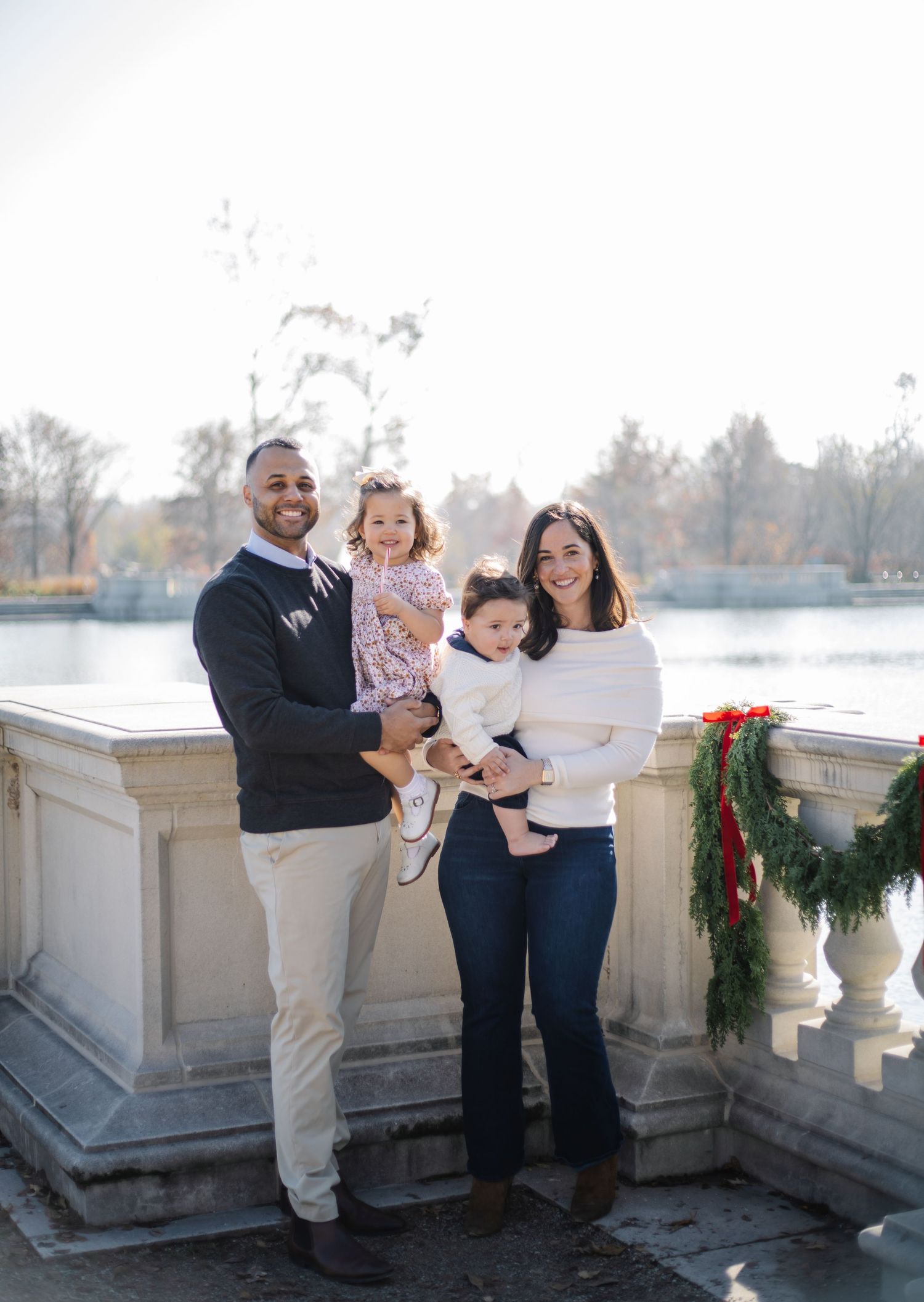 Casual family photos showing natural interactions on a decorated outdoor terrace.