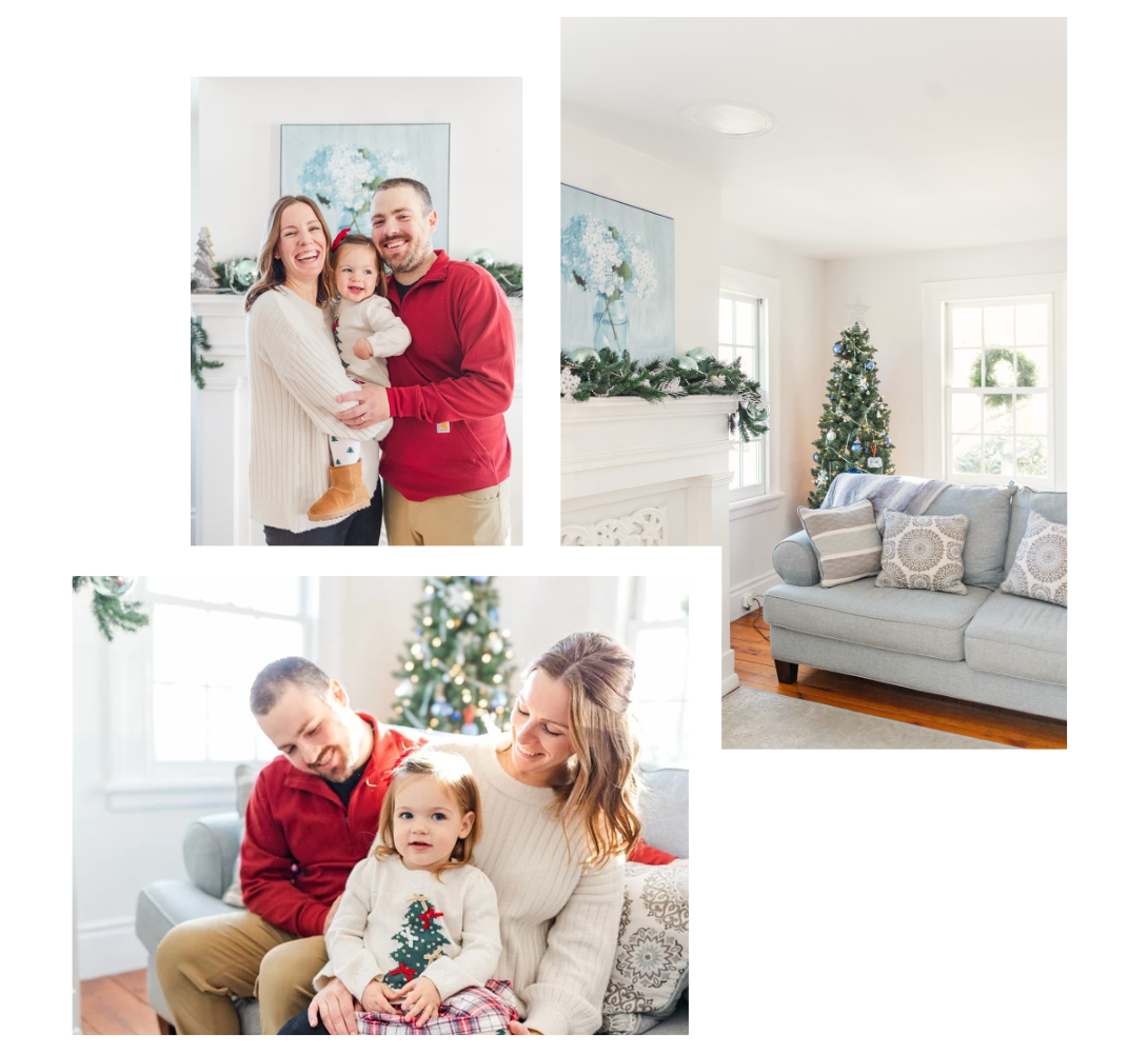 Family smiling on a couch during a light + airy Hudson Valley, NY Christmas Mini Session.