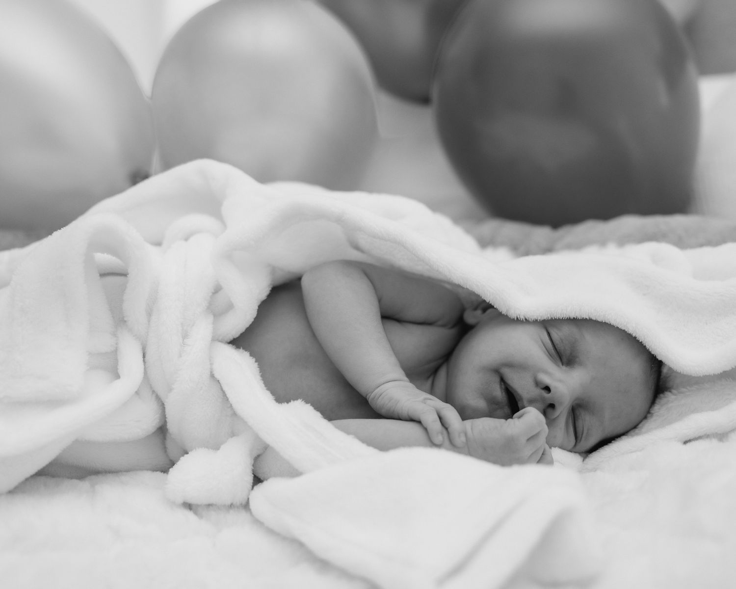 A peaceful series of black and white photos showing a sleeping newborn wrapped in soft blankets.