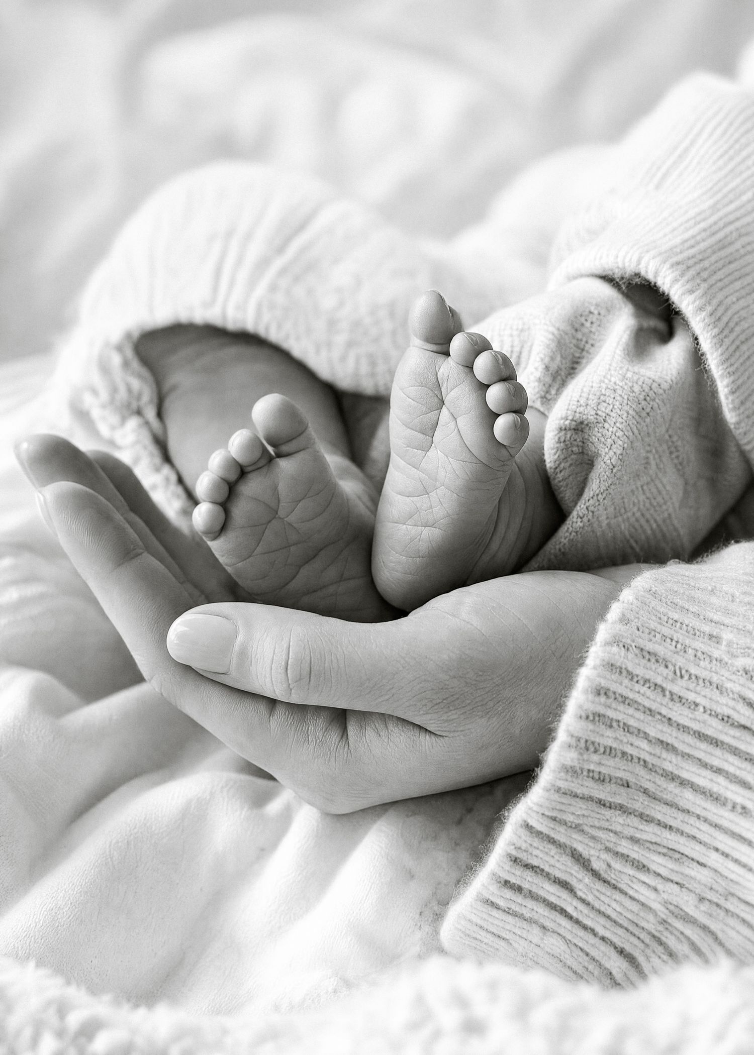 Black and white photo of a parent cradling tiny newborn baby feet in their hand on a soft blanket.