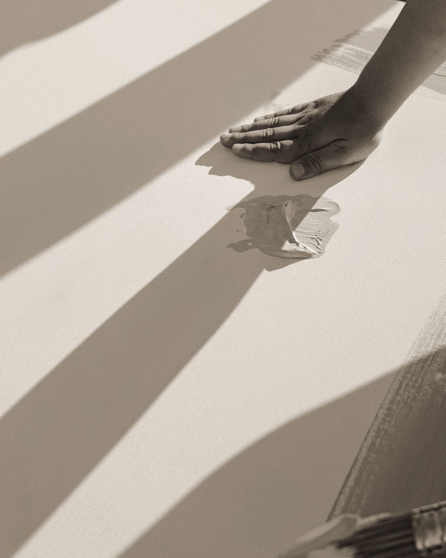 Dramatic shadows and hands creating geometric patterns against a white background.