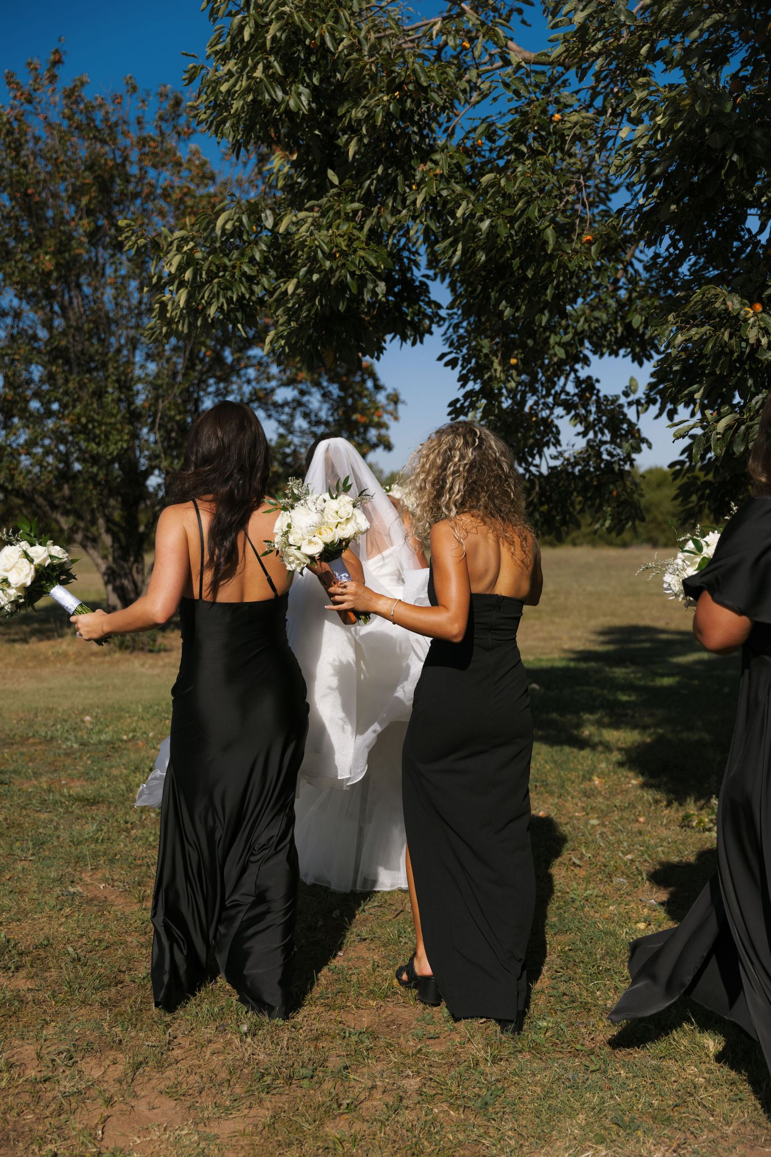 A group wearing black dresses and one in white walk together across a grassy field on a sunny day.