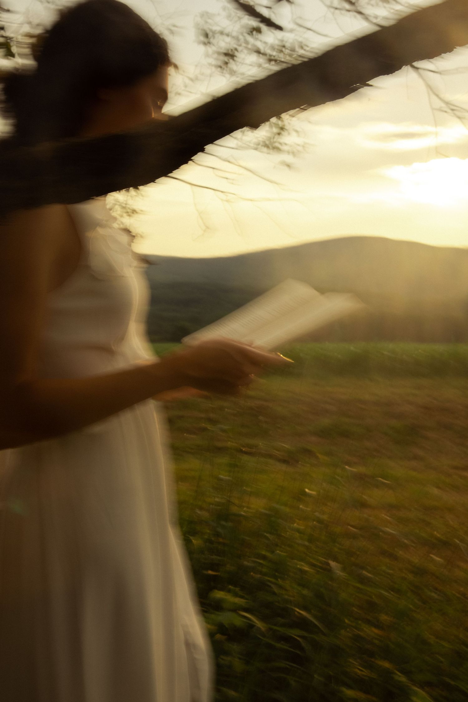 A dreamy sunset scene with flowing white fabric in a rural field.