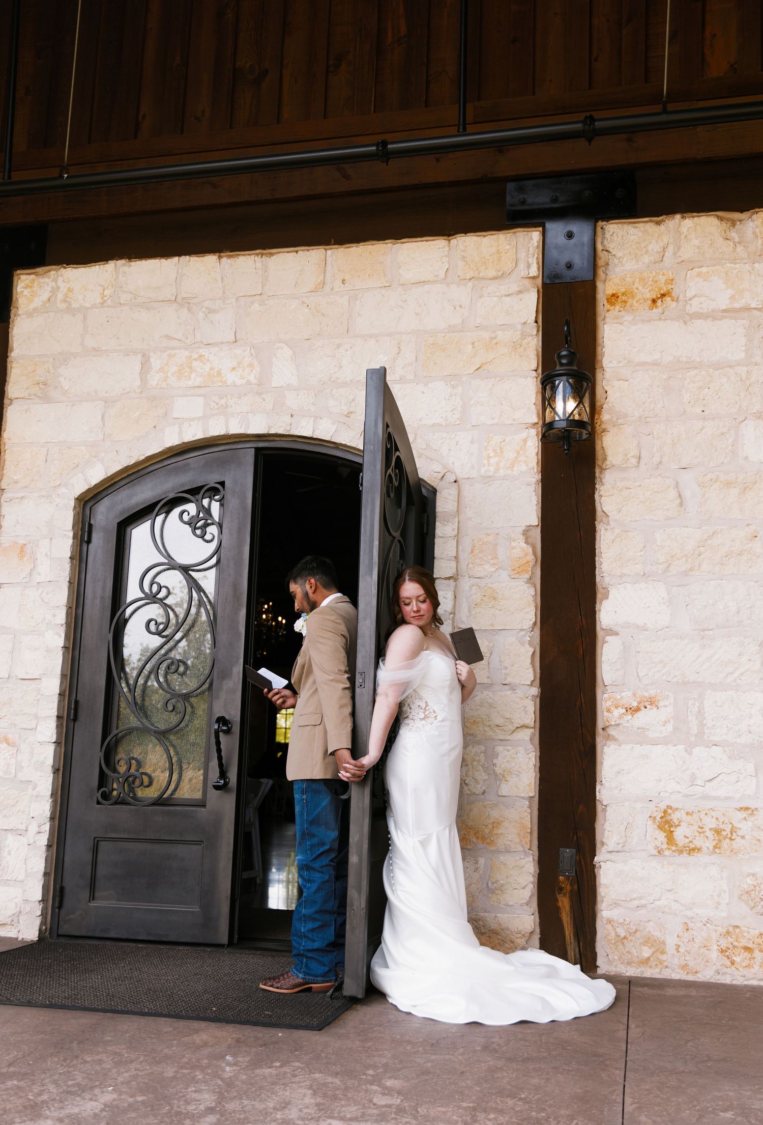 A sequence of photos showing a bride in a white dress peeking through an ornate iron door at an outdoor venue.