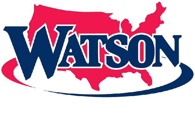 Political campaign logo featuring the name Watson in blue letters with a red United States map silhouette in the background.
