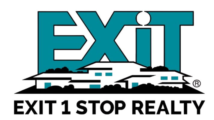 A teal EXIT logo with a silhouette of a city skyline and the words 'EXIT THE STOP REALTY' below.