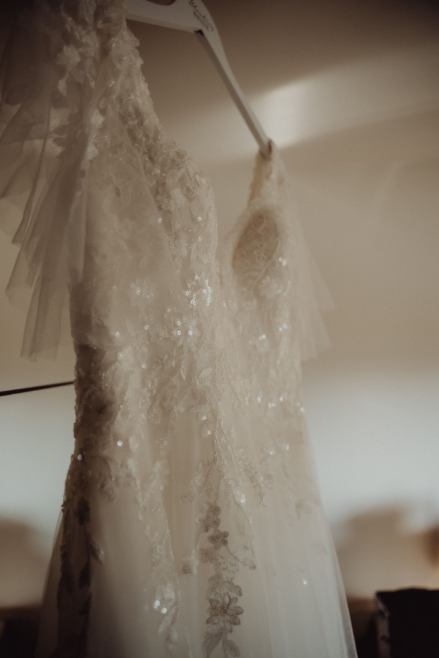 Ethereal wedding dress with lace detailing hangs against neutral background.