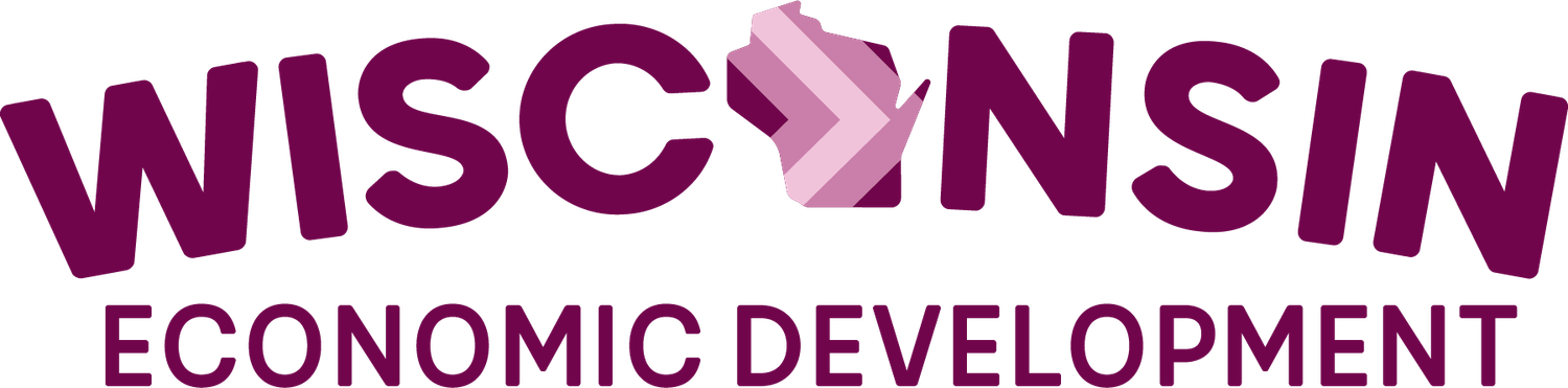 Wisconsin Economic Development logo in maroon with a stylized state map replacing the letter O and a pink chevron design.