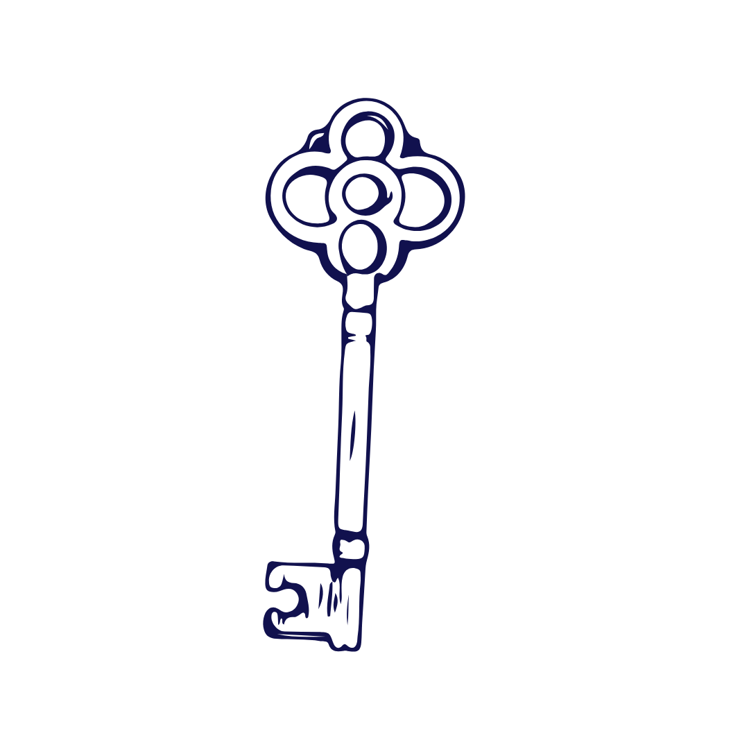 Vintage ornate skeleton key illustration in dark navy blue ink on white background.
