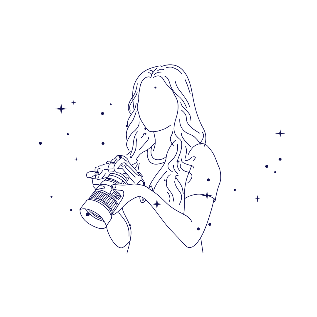 Line art illustration of a woman with long wavy hair holding a DSLR camera, surrounded by sparkle stars.