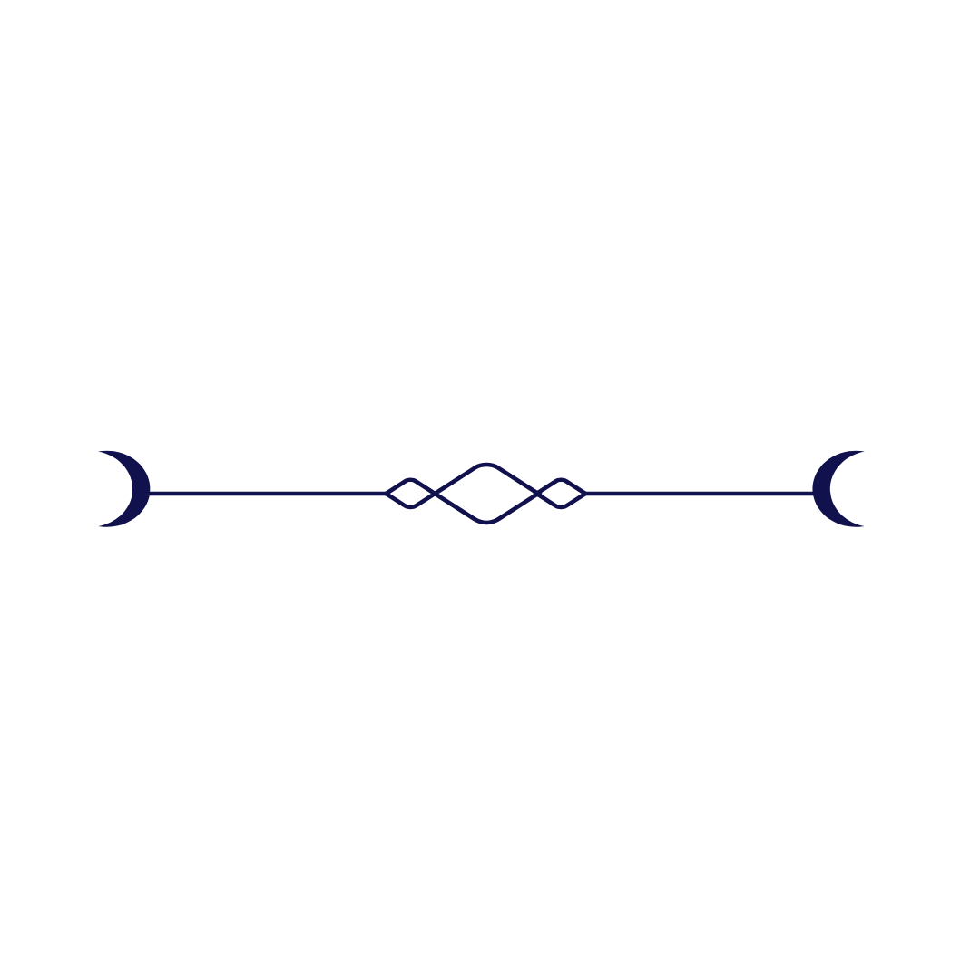Decorative dark navy divider with crescent moons and geometric knot design on white background.
