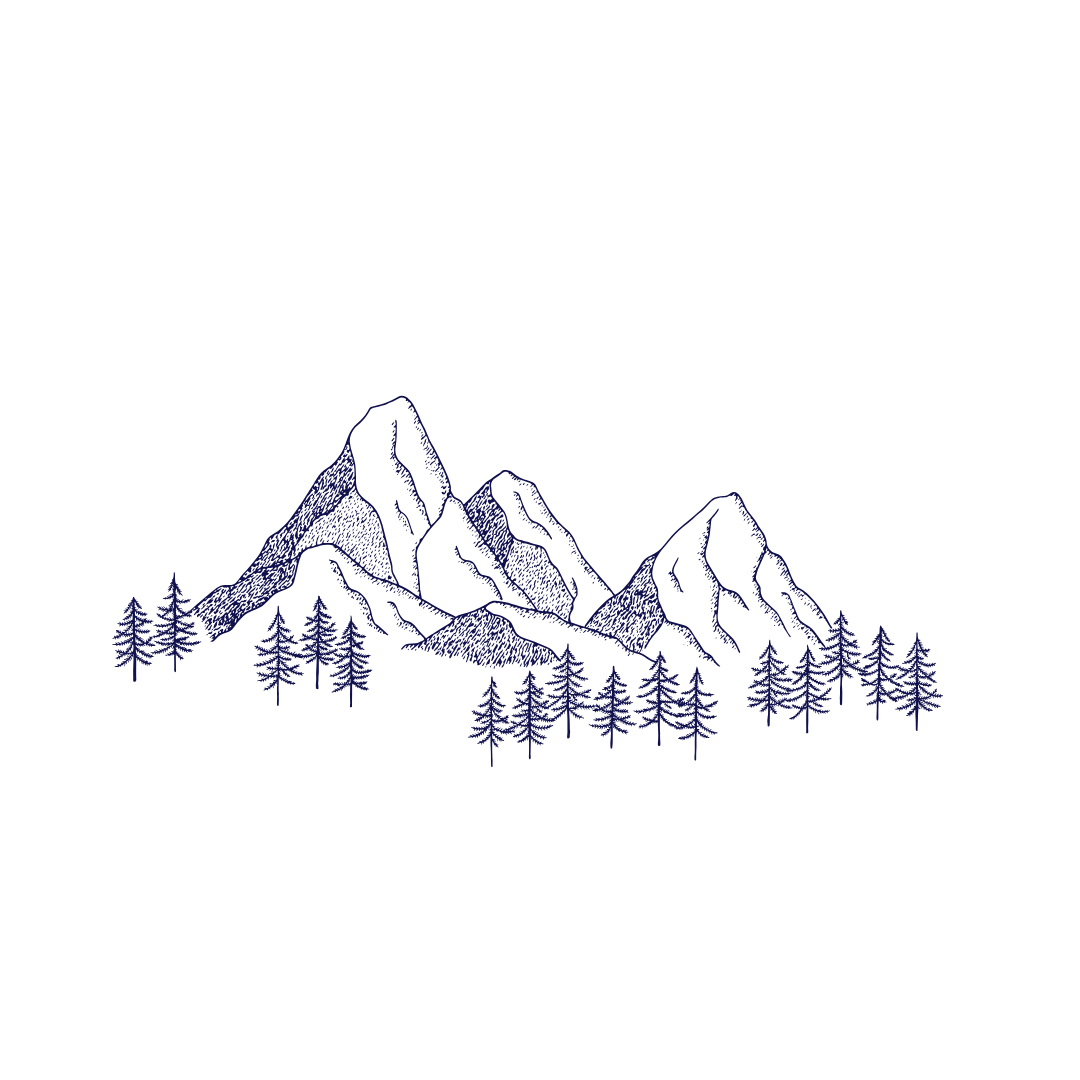 Hand drawn mountain landscape with pine trees in dark blue dotwork sketch style.