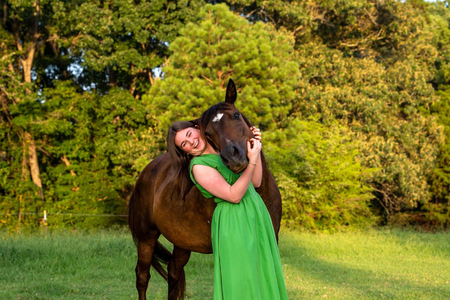 Woman in emerald dress posing with a brown horse in a grassy field at sunset.
