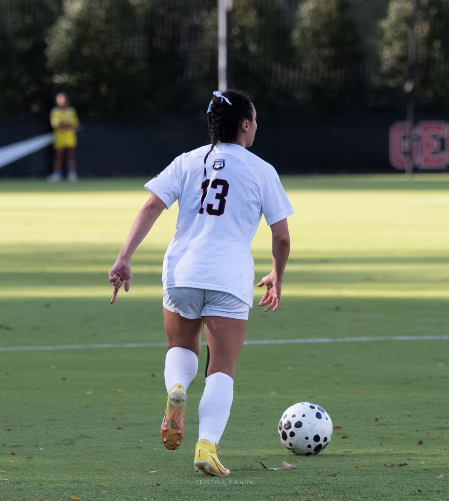 Soccer players compete for the ball on a grass field during a match.