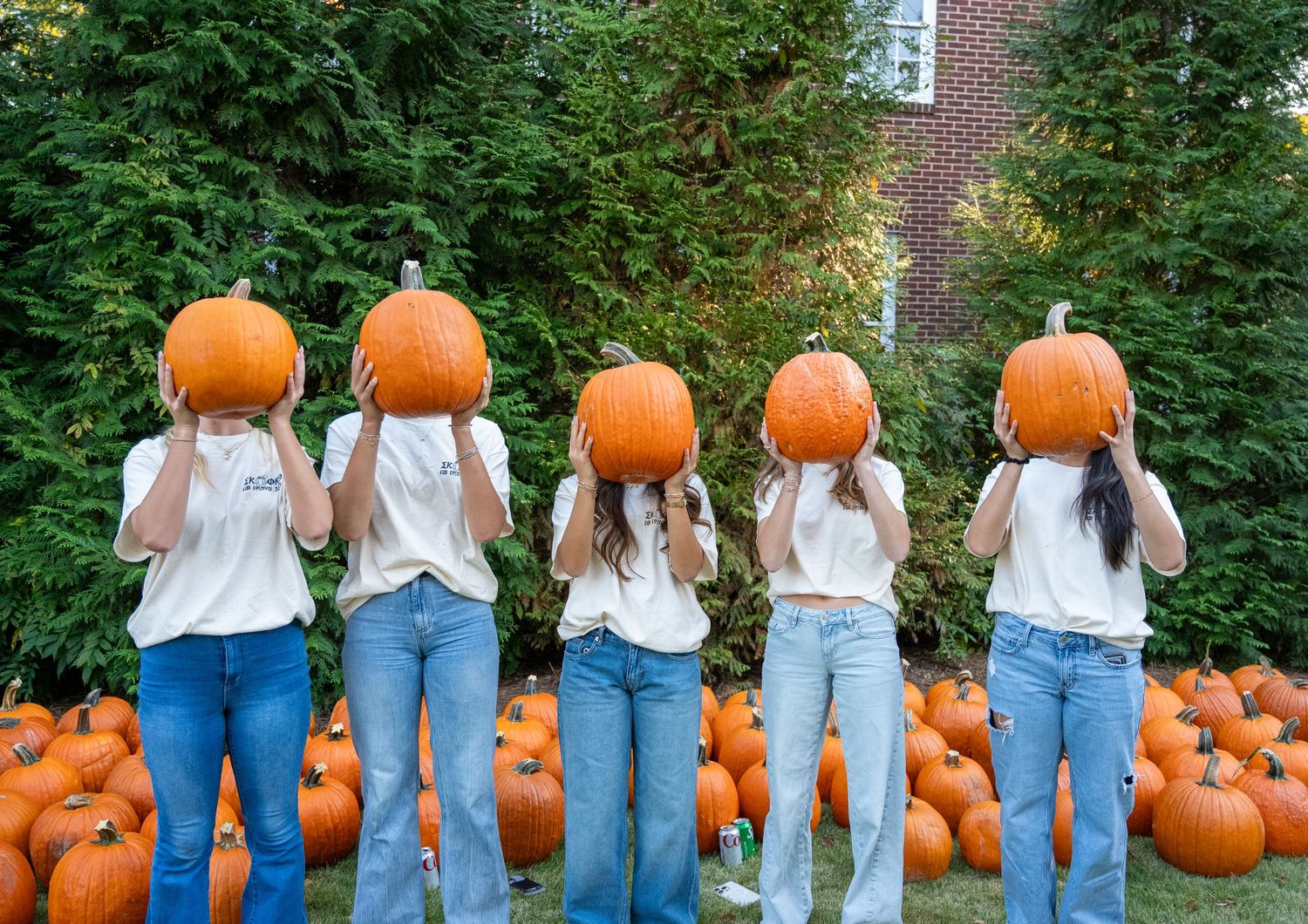 A line of people in jeans holding orange pumpkins behind their backs against a brick wall and green bushes.