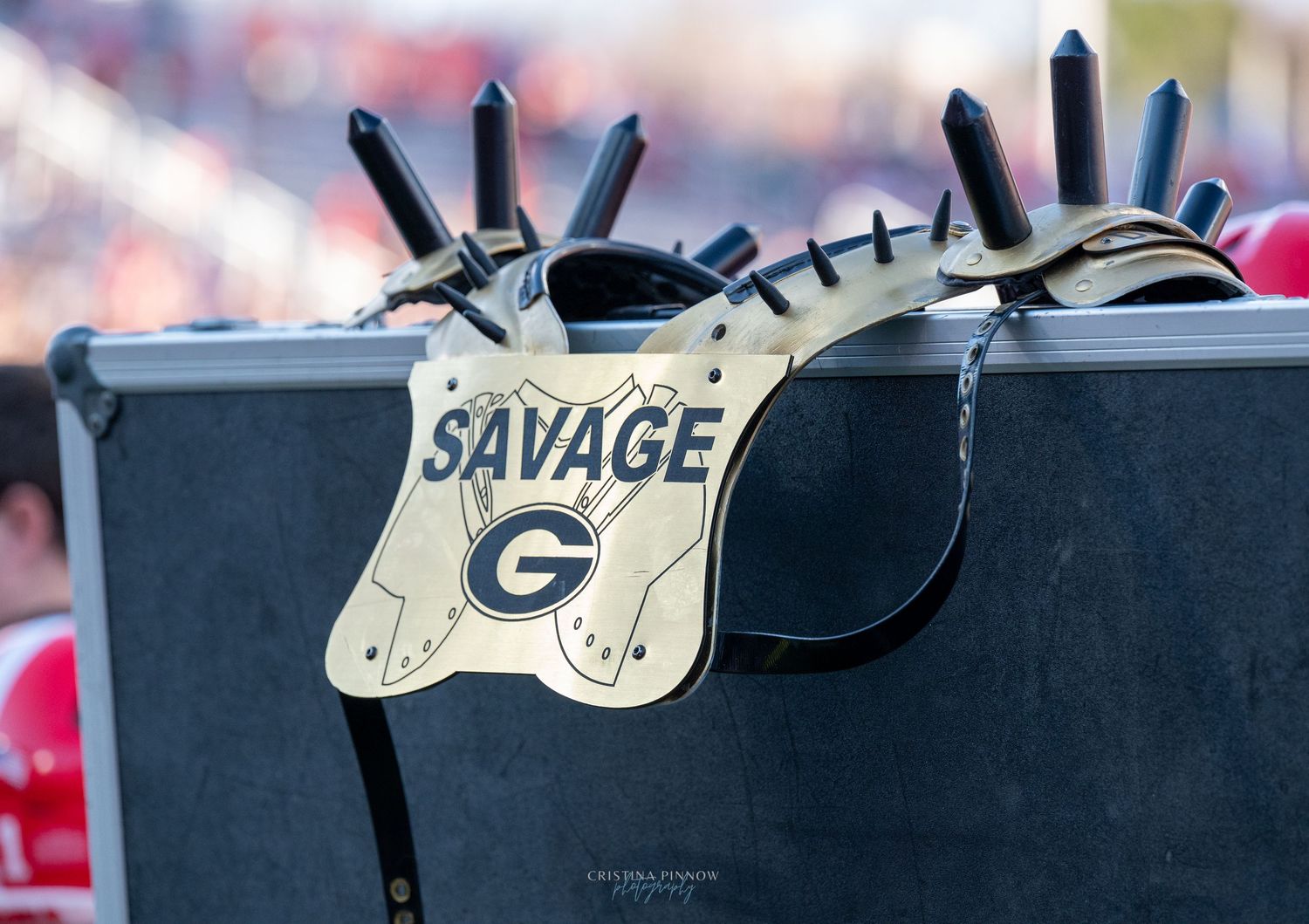 A black equipment case with a silver Savage G logo displayed at a football game.