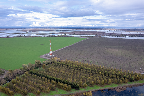 Aerial drone agricultural property survey Butte City, showing peacan orchards, cell tower, and wetlands