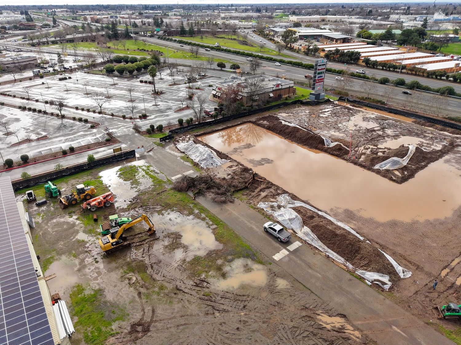 Drone image showing standing water and grading conditions for construction documentation