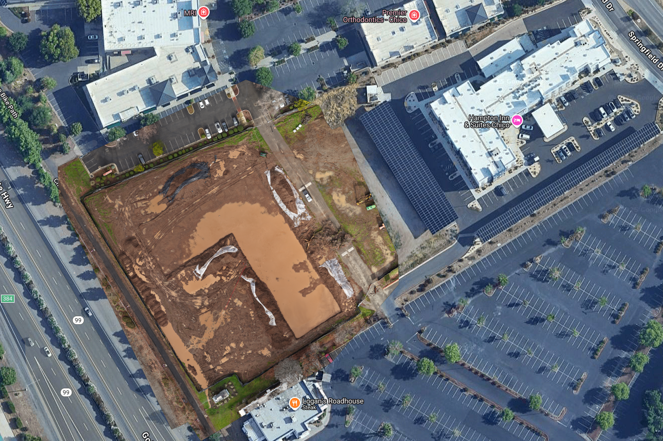 High-resolution map generated in WebODM showing the construction site overlaid on Google Earth.