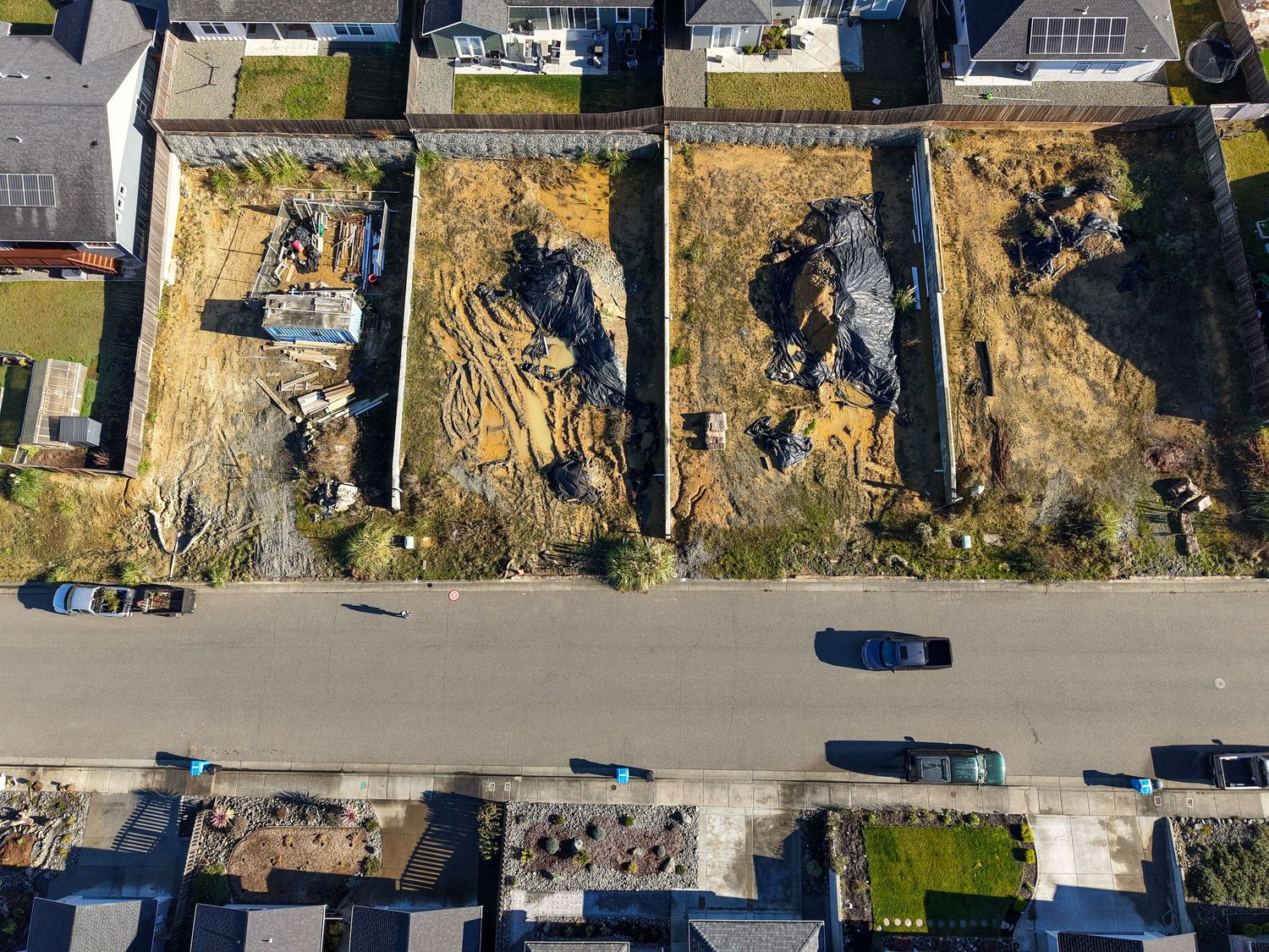 Aerial photo, Four Home development lots prepaired for construction. Fortuna CA.