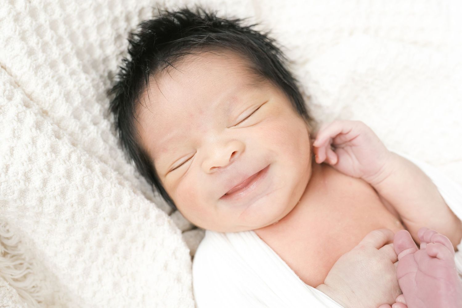 Close-up of newborn baby hands during a studio newborn photography session in Valparaiso, Indiana.
