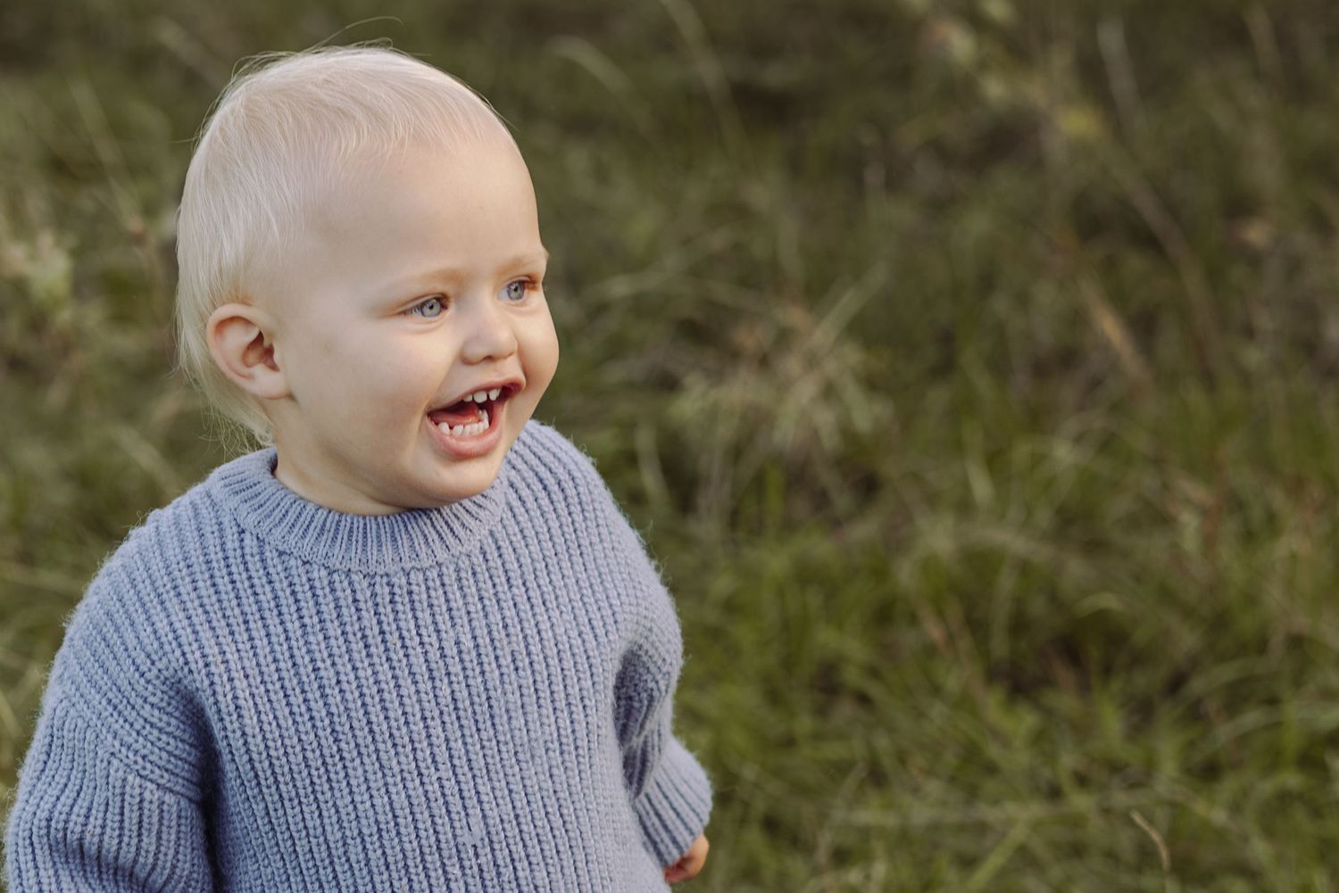 Happy blonde toddler in blue knit sweater laughing outdoors with green grass background.