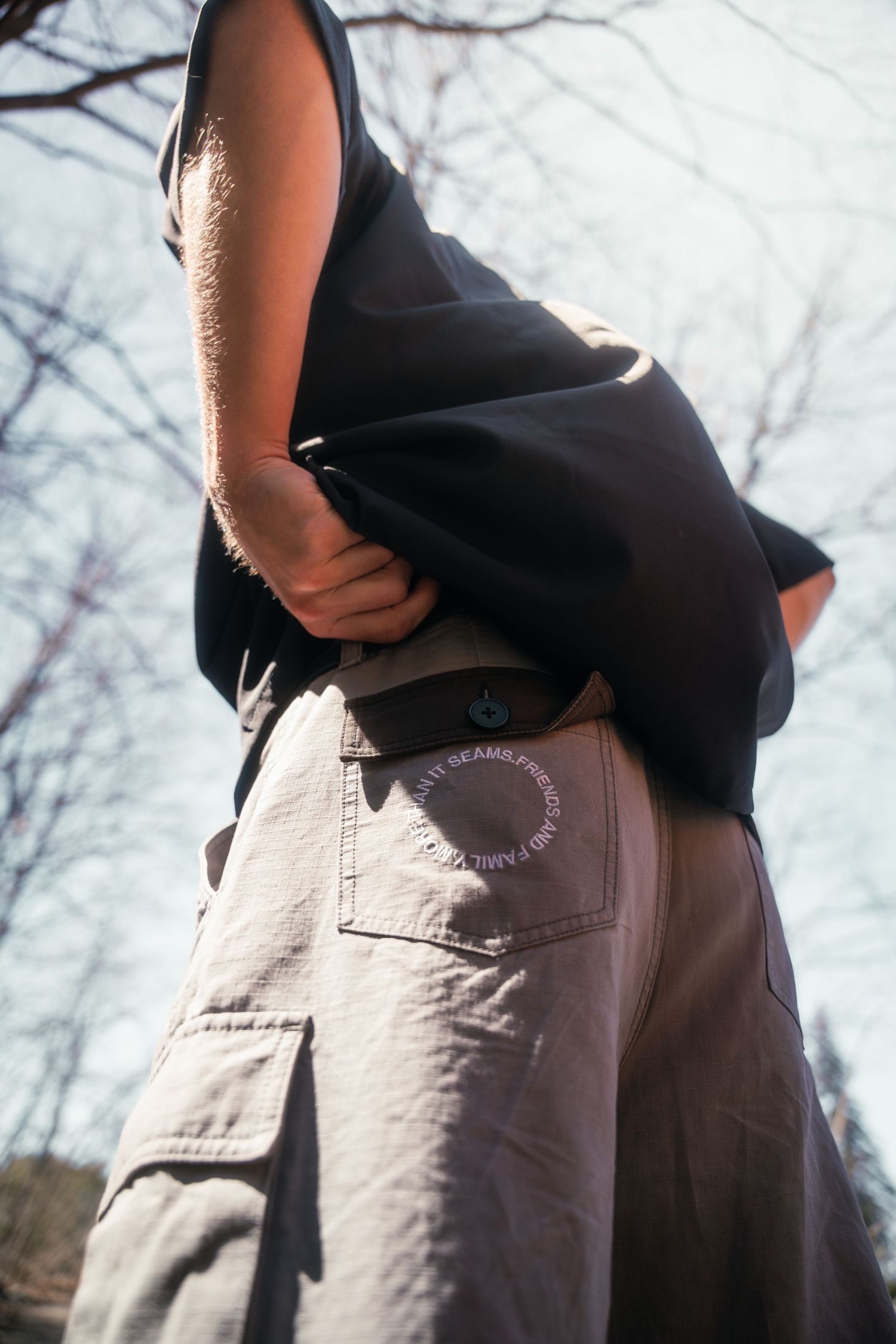 Detail shots of denim jeans pockets against winter background.